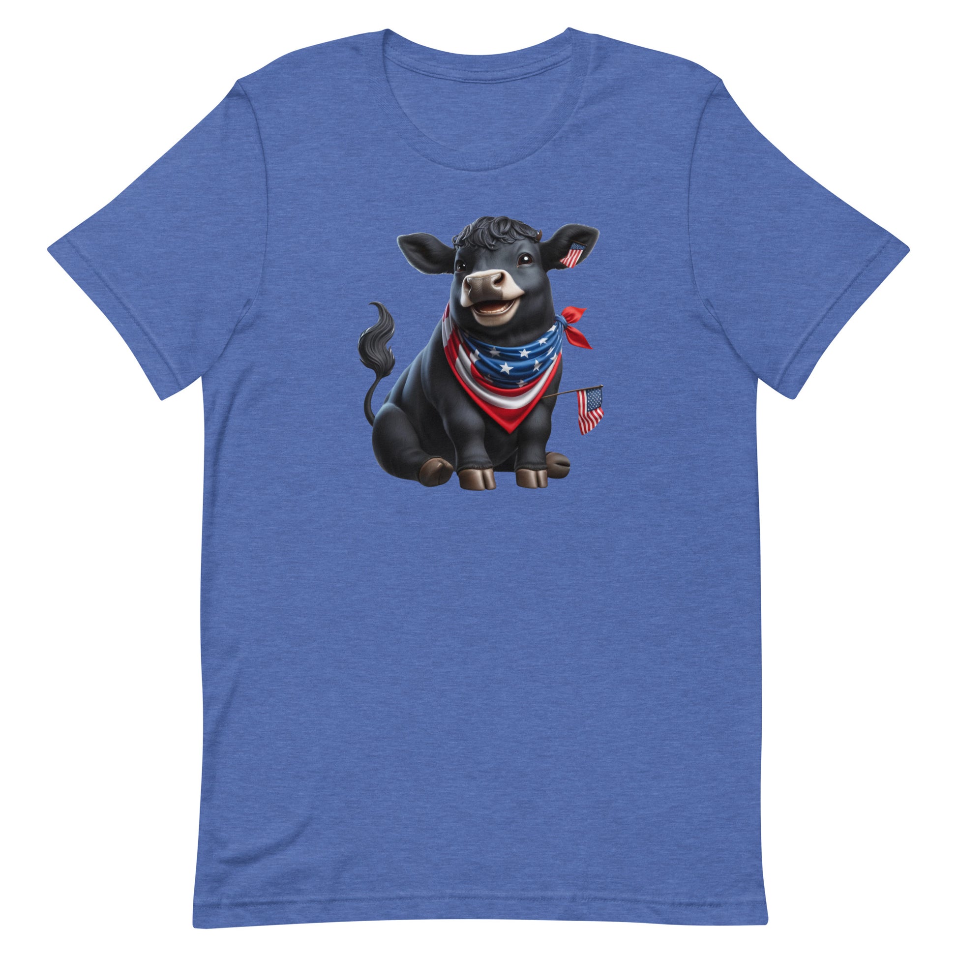 Add a touch of humor and patriotism to your wardrobe with our "Patriotic Pasture Pal" T-shirt, featuring an adorable black Angus cow dressed in a star-spangled bandana and waving a tiny American flag. Perfect for Independence Day celebrations or any day you want to show off your American pride with a fun twist.