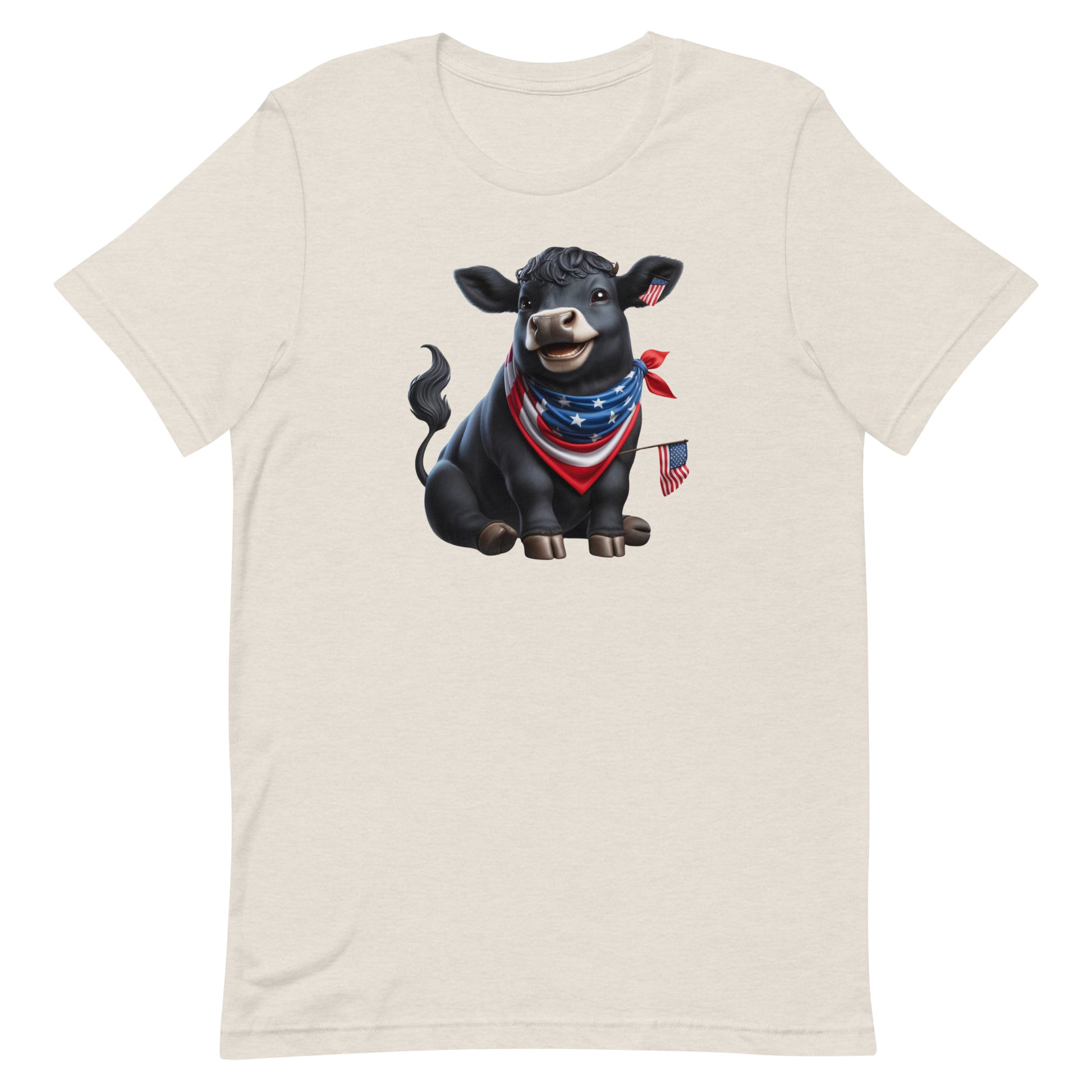 Add a touch of humor and patriotism to your wardrobe with our "Patriotic Pasture Pal" T-shirt, featuring an adorable black Angus cow dressed in a star-spangled bandana and waving a tiny American flag. Perfect for Independence Day celebrations or any day you want to show off your American pride with a fun twist.