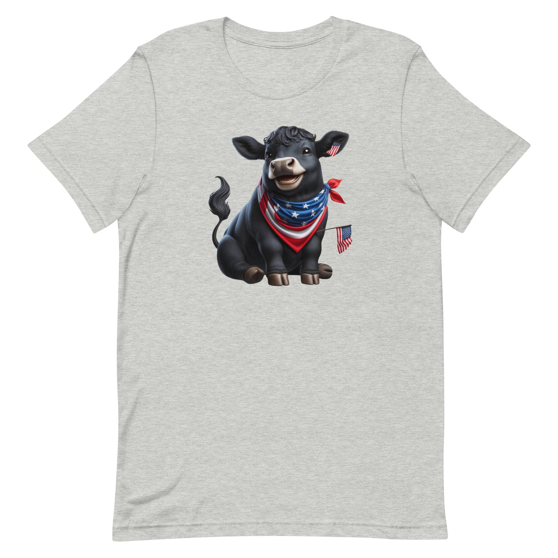 Add a touch of humor and patriotism to your wardrobe with our "Patriotic Pasture Pal" T-shirt, featuring an adorable black Angus cow dressed in a star-spangled bandana and waving a tiny American flag. Perfect for Independence Day celebrations or any day you want to show off your American pride with a fun twist.