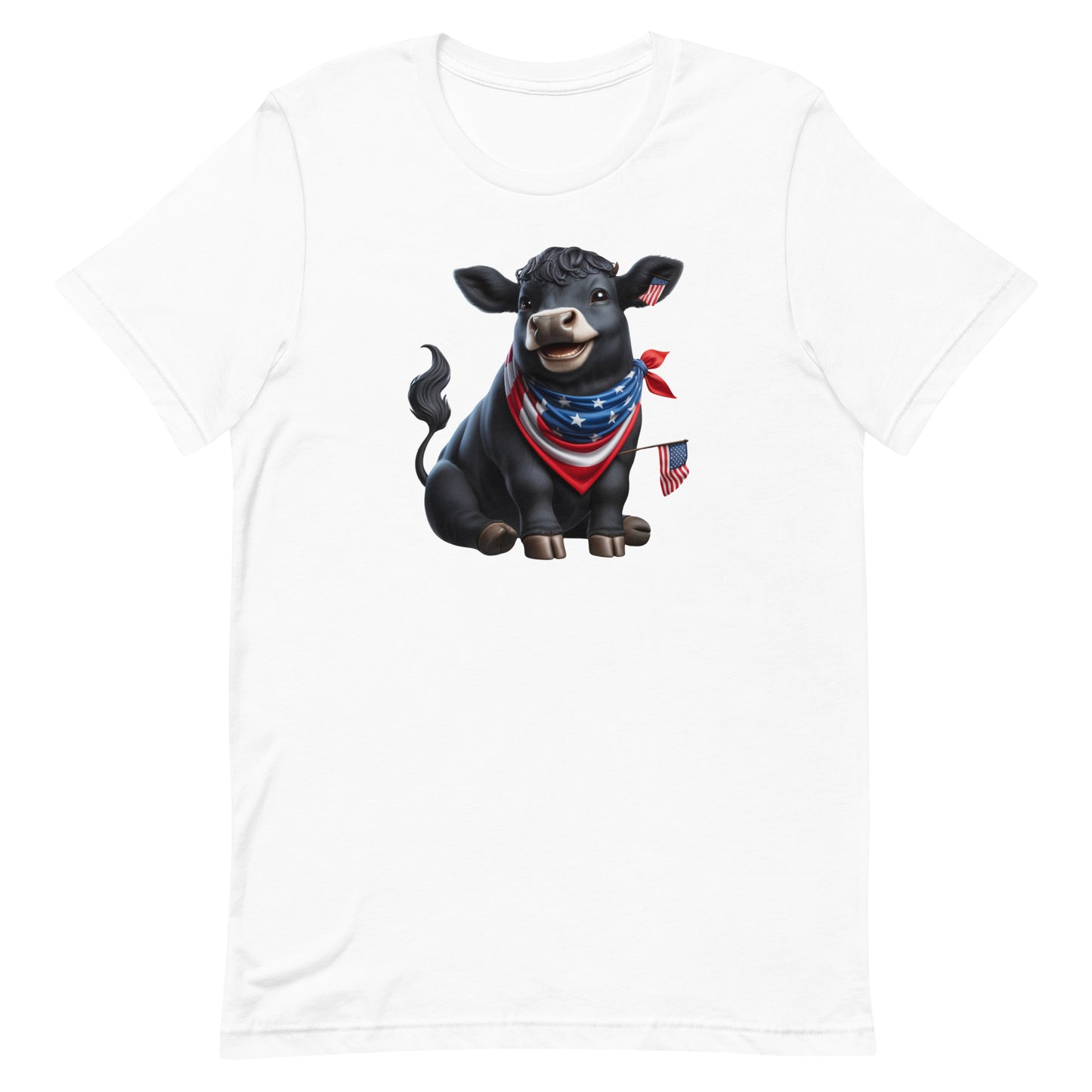 Add a touch of humor and patriotism to your wardrobe with our "Patriotic Pasture Pal" T-shirt, featuring an adorable black Angus cow dressed in a star-spangled bandana and waving a tiny American flag. Perfect for Independence Day celebrations or any day you want to show off your American pride with a fun twist.