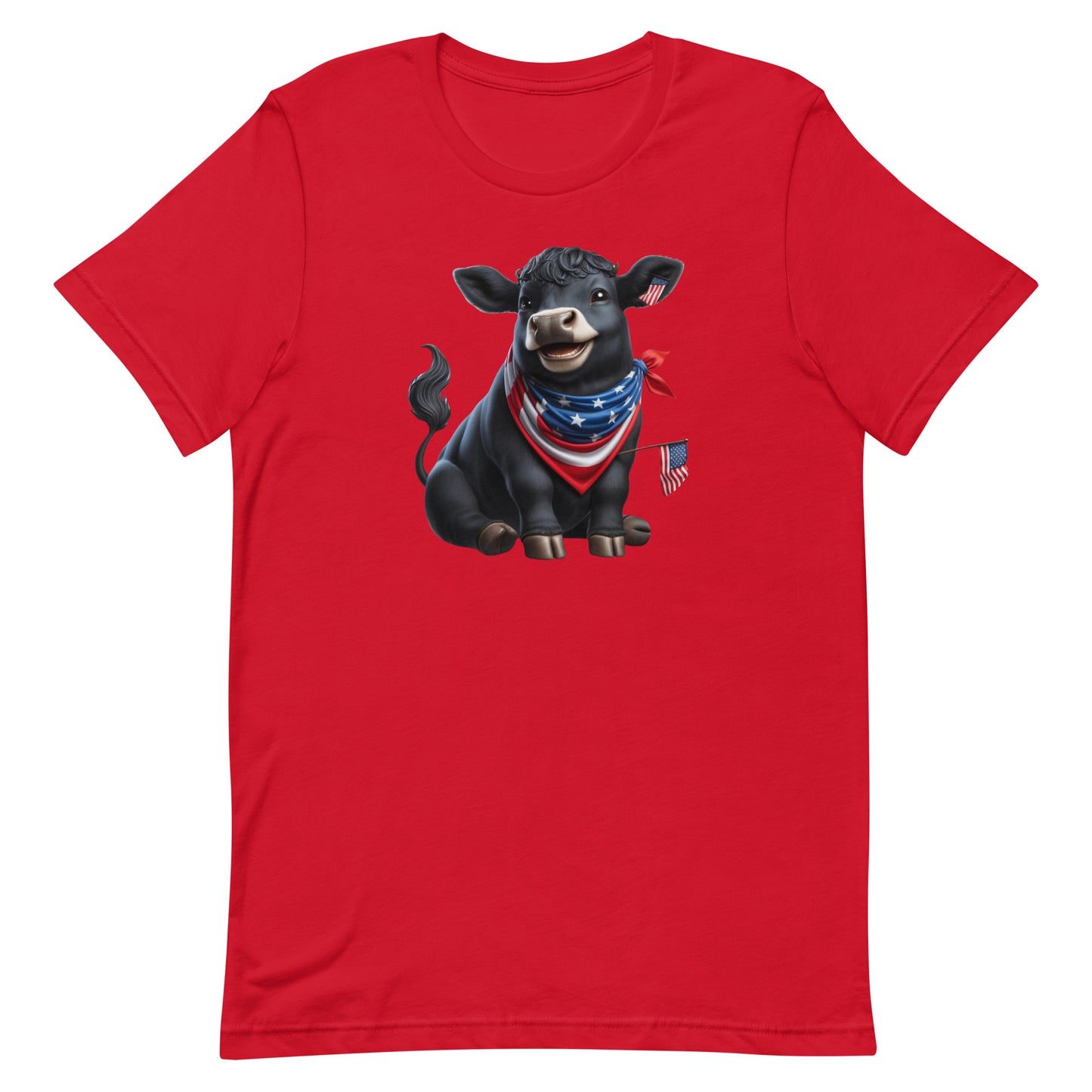 Add a touch of humor and patriotism to your wardrobe with our "Patriotic Pasture Pal" T-shirt, featuring an adorable black Angus cow dressed in a star-spangled bandana and waving a tiny American flag. Perfect for Independence Day celebrations or any day you want to show off your American pride with a fun twist.