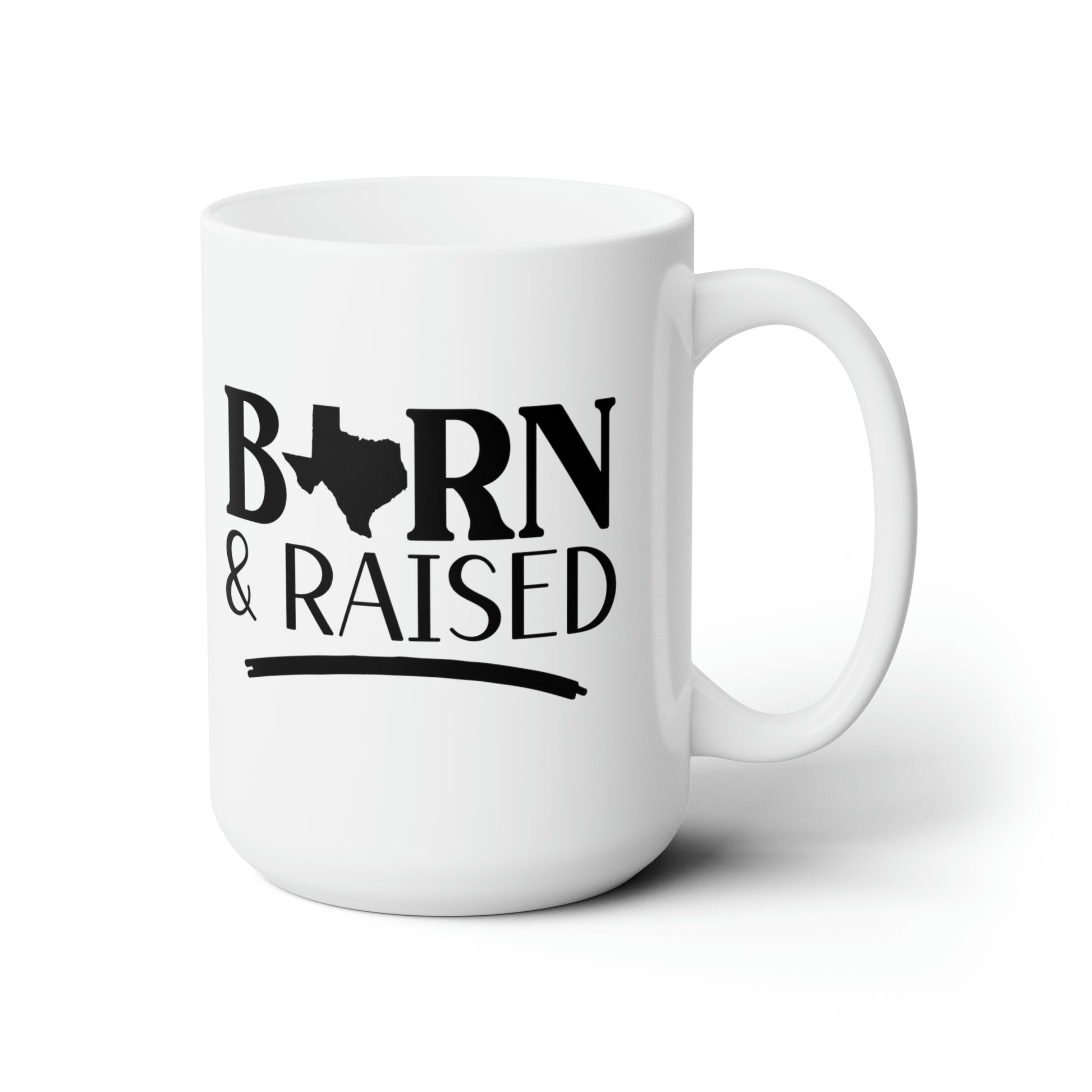 Introducing our 'Texas Born and Raised' coffee mug, a tribute to the proud Lone Star State heritage! Crafted with durable ceramic, this mug is as sturdy as a Texas longhorn and as timeless as the Texan spirit. Its sleek design features bold typography proudly proclaiming your roots, making it the perfect companion for your morning brew or afternoon pick-me-up