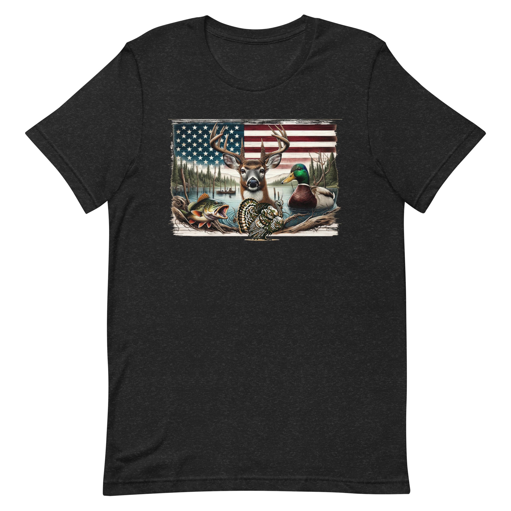 Step into the wild with our "American Wilderness Tribute" T-shirt, a perfect blend of rugged American spirit and a tribute to the untamed nature of the U.S. wilderness. Featuring a striking graphic of a deer, mallard ducks, and freshwater fish set against an American flag backdrop, this shirt is a must-have for any outdoor enthusiast or patriot.