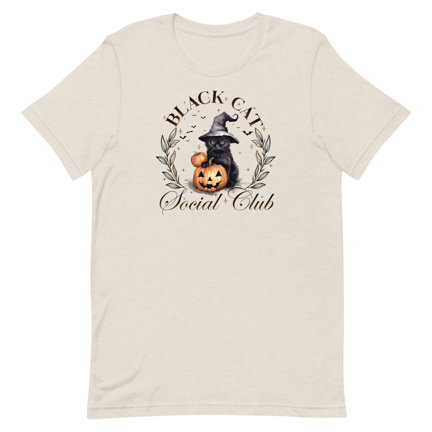 Join the most enchanting group of the season with our Black Cat Social Club t-shirt! Featuring an adorable black cat wearing a witch's hat and sitting beside a grinning Jack-o'-lantern, this design perfectly captures the spooky, yet playful spirit of Halloween. Surrounded by the elegant text "Black Cat Social Club," this tee is ideal for anyone who loves the mysterious charm of black cats and the festive feel of Halloween.