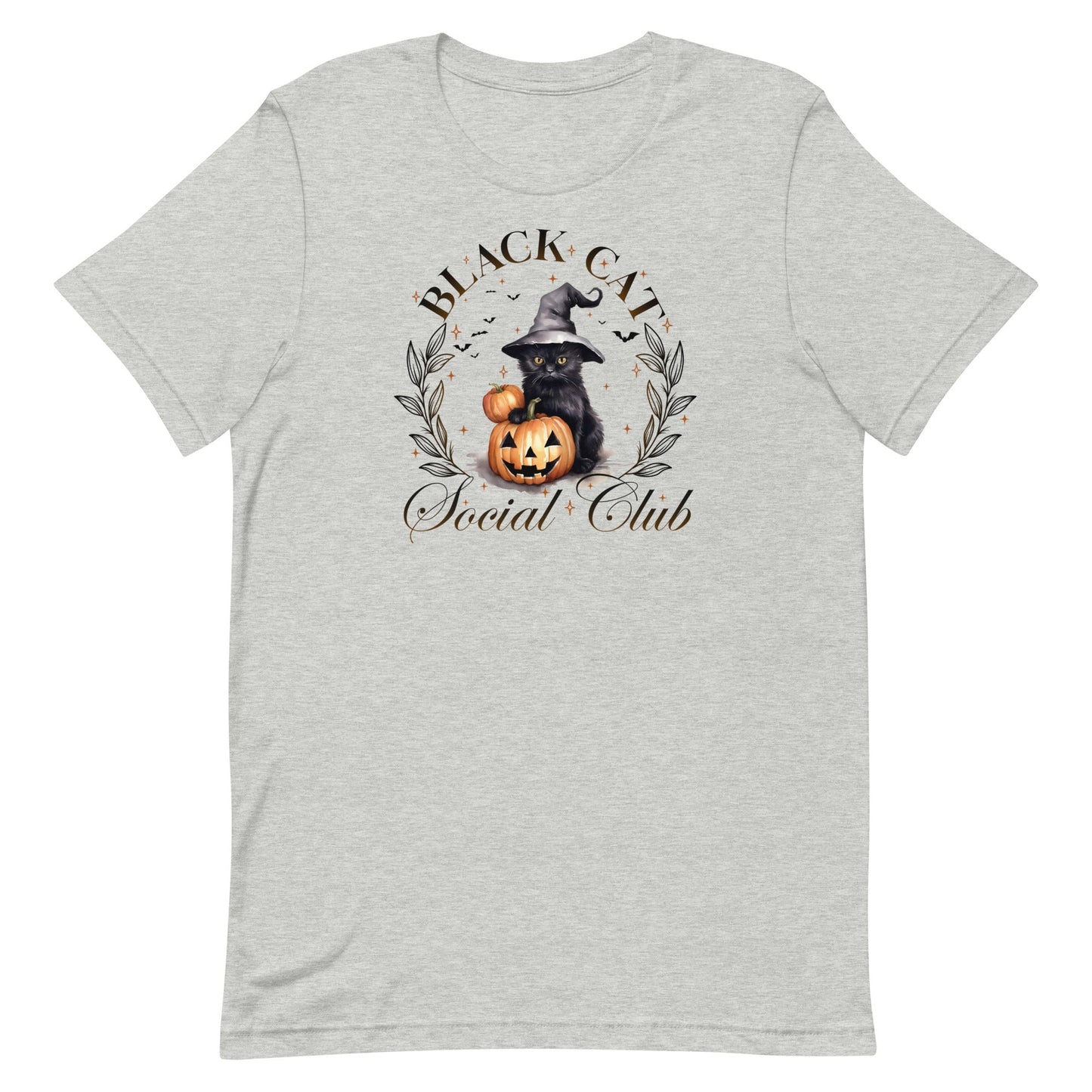 Join the most enchanting group of the season with our Black Cat Social Club t-shirt! Featuring an adorable black cat wearing a witch's hat and sitting beside a grinning Jack-o'-lantern, this design perfectly captures the spooky, yet playful spirit of Halloween. Surrounded by the elegant text "Black Cat Social Club," this tee is ideal for anyone who loves the mysterious charm of black cats and the festive feel of Halloween.