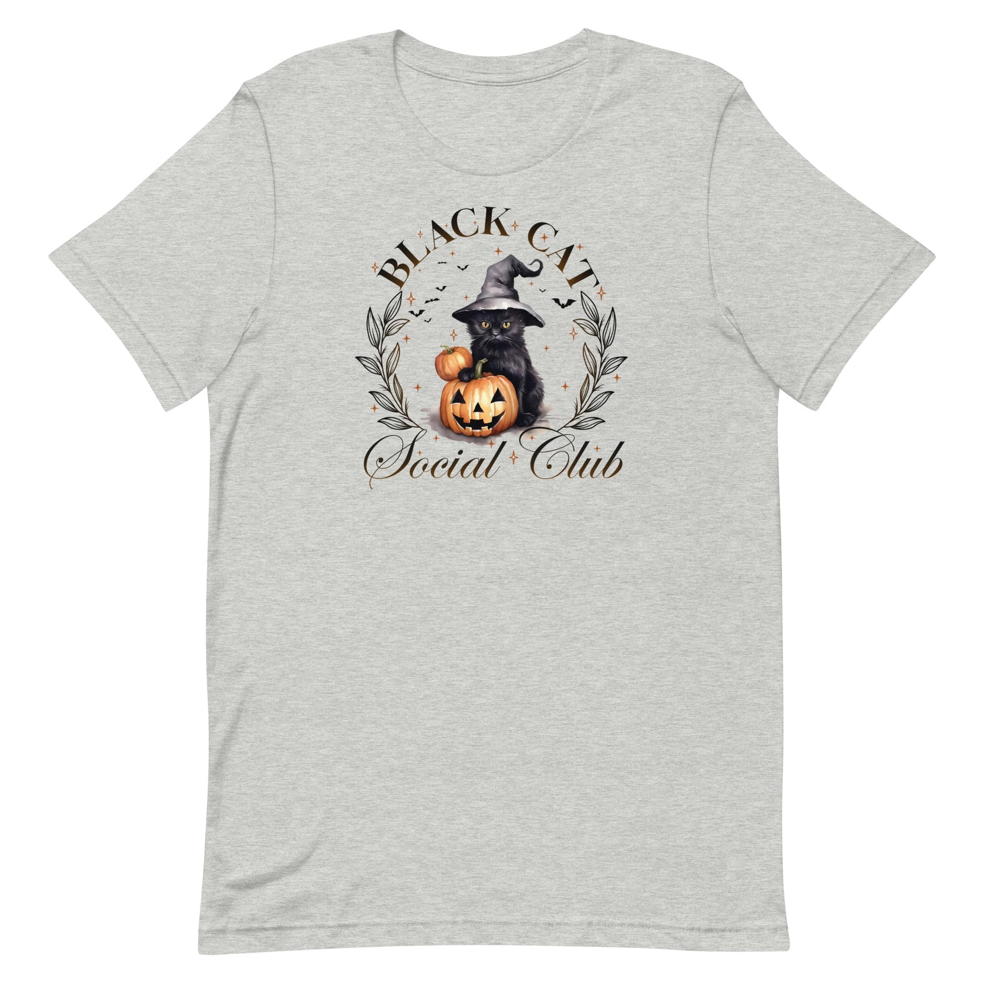 Join the most enchanting group of the season with our Black Cat Social Club t-shirt! Featuring an adorable black cat wearing a witch's hat and sitting beside a grinning Jack-o'-lantern, this design perfectly captures the spooky, yet playful spirit of Halloween. Surrounded by the elegant text "Black Cat Social Club," this tee is ideal for anyone who loves the mysterious charm of black cats and the festive feel of Halloween.