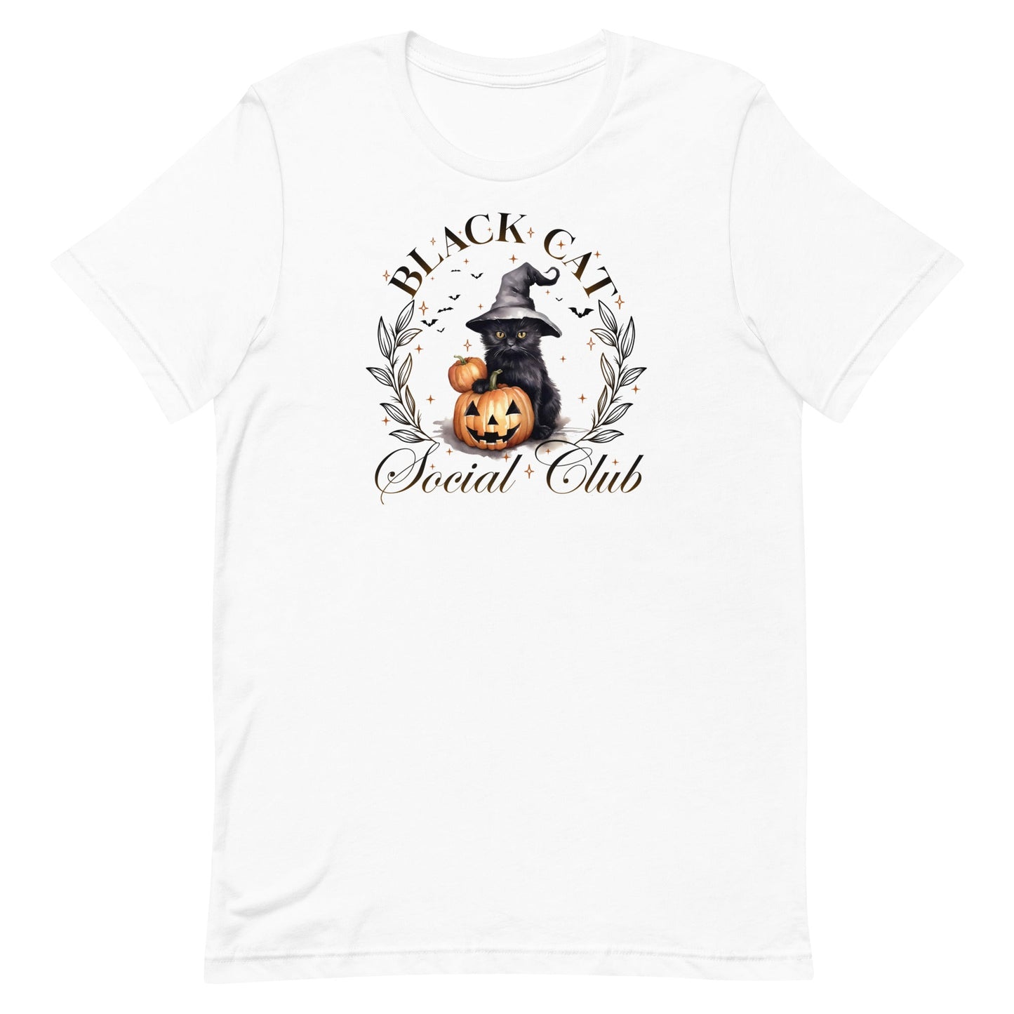 Join the most enchanting group of the season with our Black Cat Social Club t-shirt! Featuring an adorable black cat wearing a witch's hat and sitting beside a grinning Jack-o'-lantern, this design perfectly captures the spooky, yet playful spirit of Halloween. Surrounded by the elegant text "Black Cat Social Club," this tee is ideal for anyone who loves the mysterious charm of black cats and the festive feel of Halloween.