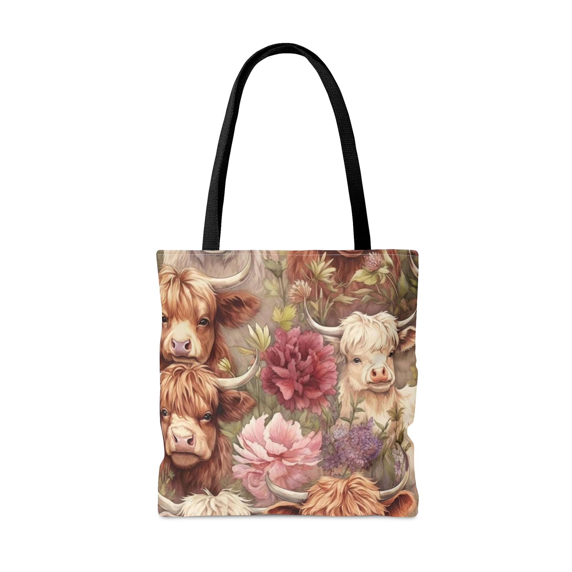 Highland Majesty Meets Floral Elegance: Immerse yourself in the rustic charm of Highland Cows surrounded by blooming beauty. Our tote bag seamlessly blends the regal presence of Highland cattle with the delicate allure of floral artistry.&nbsp;