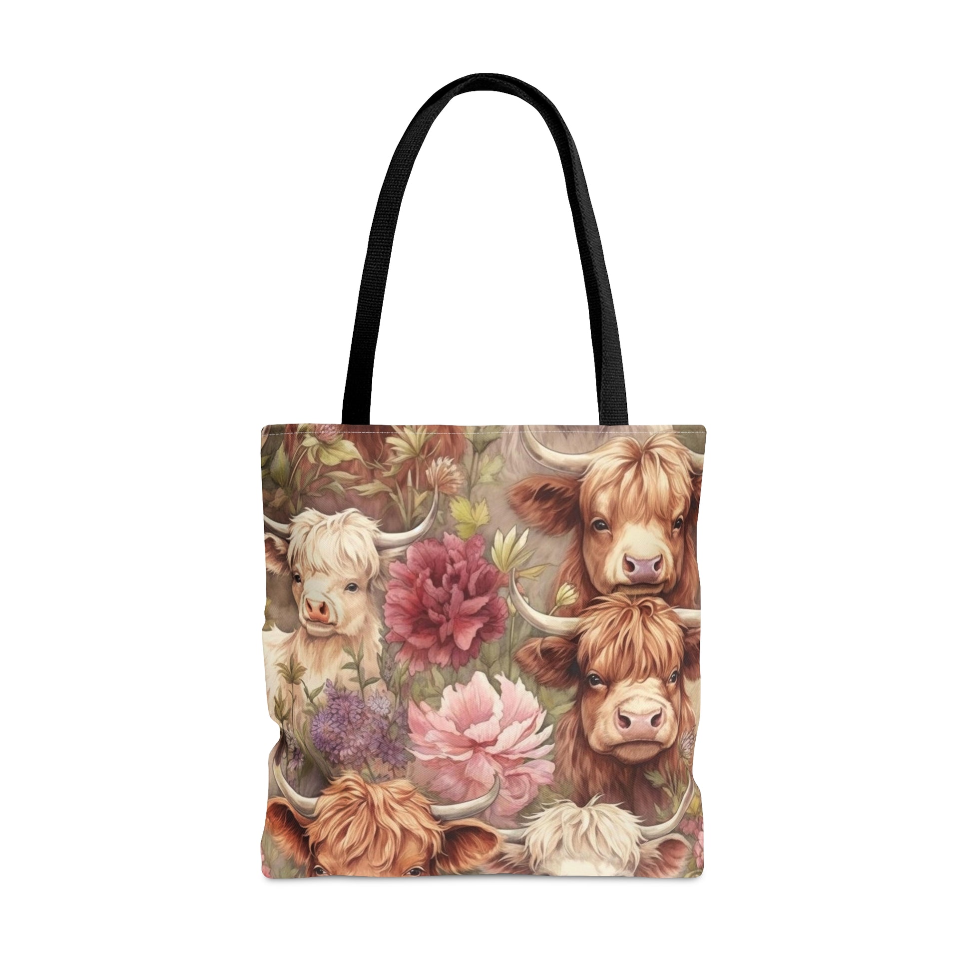 Highland Majesty Meets Floral Elegance: Immerse yourself in the rustic charm of Highland Cows surrounded by blooming beauty. Our tote bag seamlessly blends the regal presence of Highland cattle with the delicate allure of floral artistry.&nbsp;