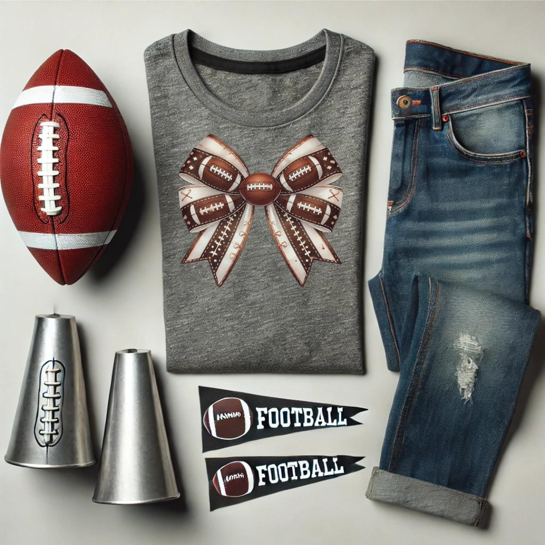 Get ready to cheer on your favorite team in style with our Football Coquette t-shirt! Featuring a charming bow adorned with football patterns, this design brings a touch of elegance to game day. Whether you’re on the sidelines or in the stands, this t-shirt combines the best of sporty and chic, making it perfect for any football fan who loves to show off their team spirit with a little extra flair.