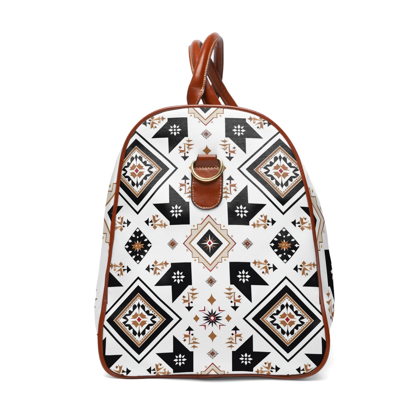 Set off on your next adventure with the Geometric Aztec Travel Bag, exclusively from Texas Diamond D Farms. This eye-catching travel essential showcases a stunning Aztec-inspired pattern in black, white, and accents of earth tones, complemented by elegant tan leather details.