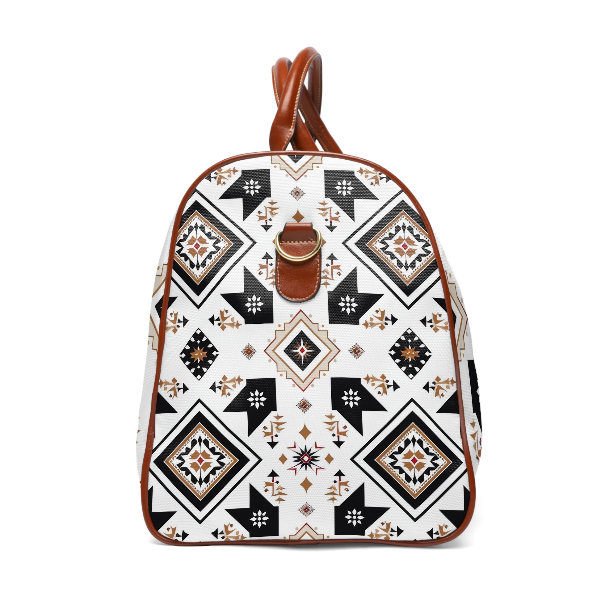 Set off on your next adventure with the Geometric Aztec Travel Bag, exclusively from Texas Diamond D Farms. This eye-catching travel essential showcases a stunning Aztec-inspired pattern in black, white, and accents of earth tones, complemented by elegant tan leather details.