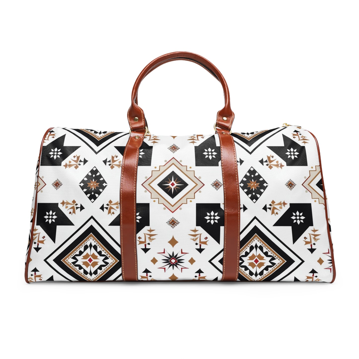 Set off on your next adventure with the Geometric Aztec Travel Bag, exclusively from Texas Diamond D Farms. This eye-catching travel essential showcases a stunning Aztec-inspired pattern in black, white, and accents of earth tones, complemented by elegant tan leather details.