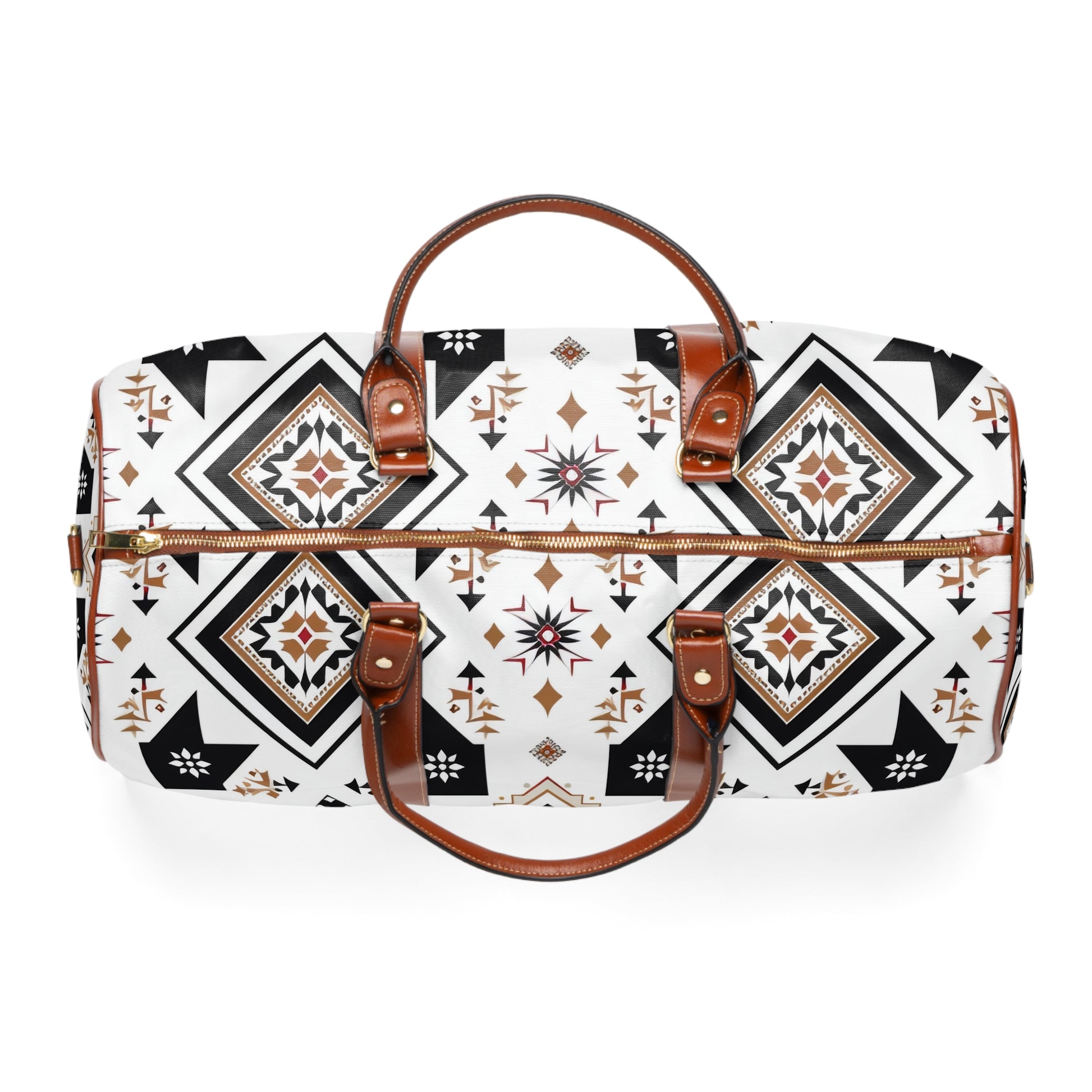 Set off on your next adventure with the Geometric Aztec Travel Bag, exclusively from Texas Diamond D Farms. This eye-catching travel essential showcases a stunning Aztec-inspired pattern in black, white, and accents of earth tones, complemented by elegant tan leather details.