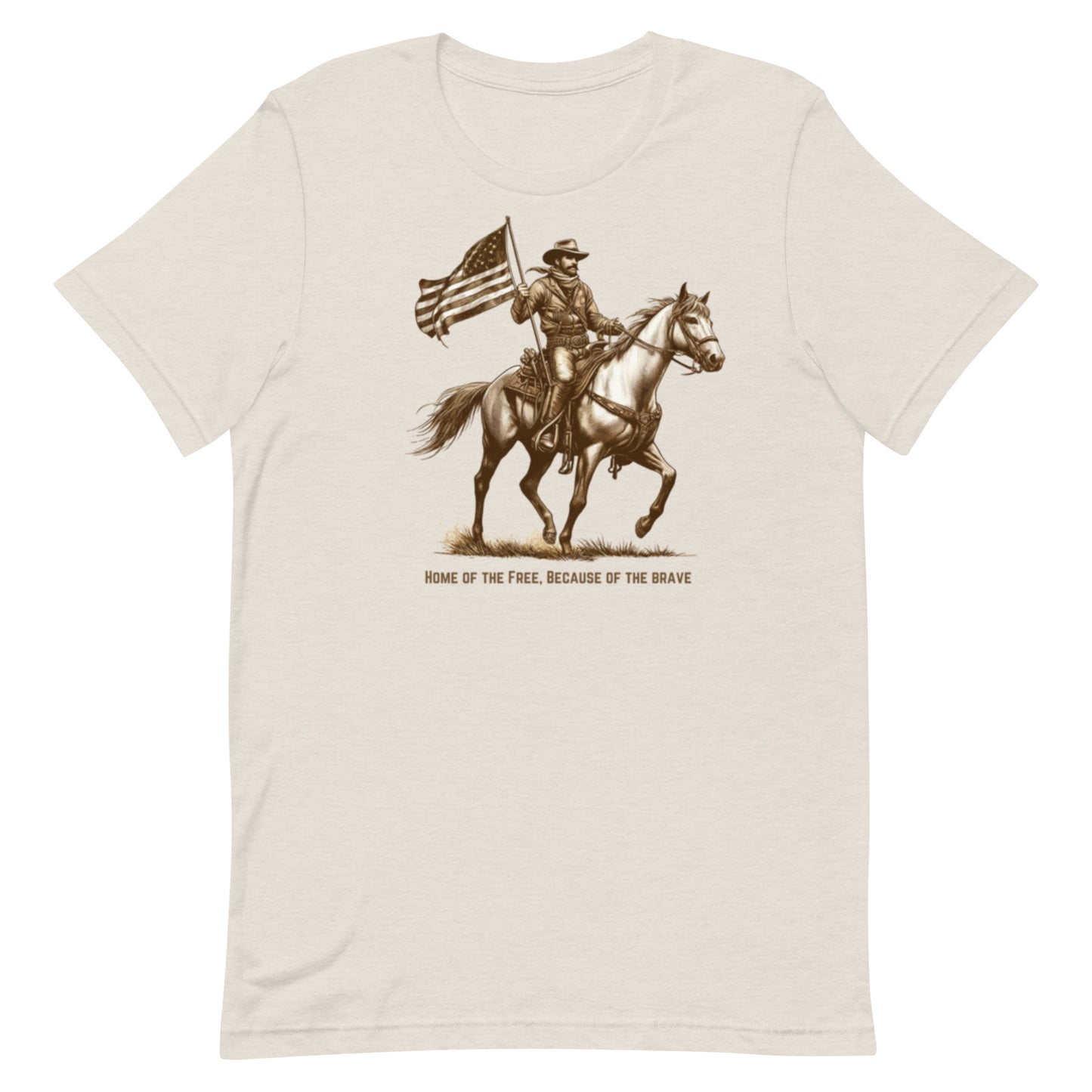 This shirt captures the essence of American courage and freedom with its striking depiction of a cowboy riding a horse while proudly bearing the American flag. 