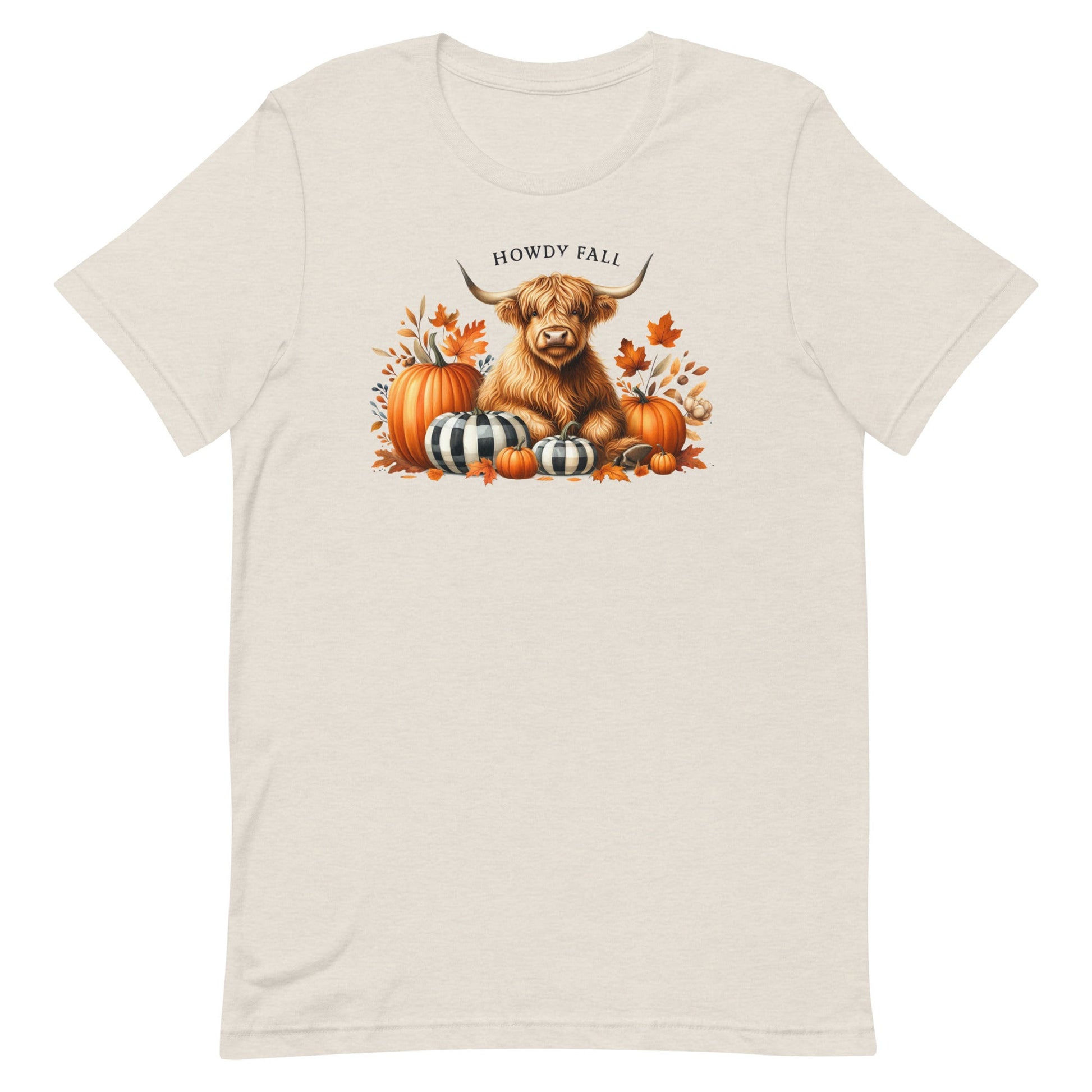 Welcome the autumn season in style with our Howdy Fall t-shirt! This charming design features a friendly Highland cow nestled among a cozy arrangement of pumpkins, leaves, and fall foliage. The warm and inviting colors perfectly capture the essence of the season, while the playful "Howdy Fall" text adds a touch of rustic charm.