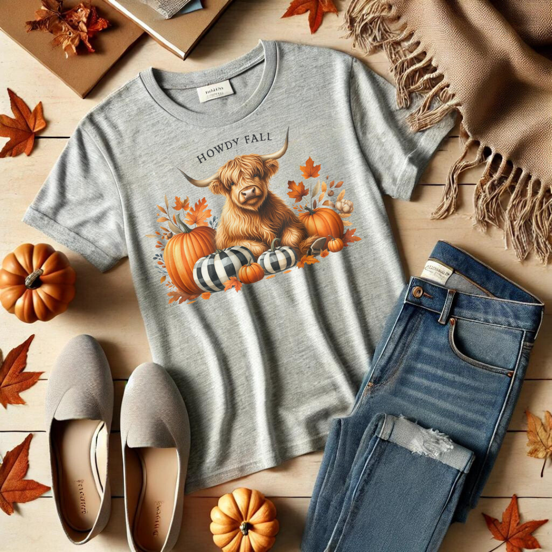 Welcome the autumn season in style with our Howdy Fall t-shirt! This charming design features a friendly Highland cow nestled among a cozy arrangement of pumpkins, leaves, and fall foliage. The warm and inviting colors perfectly capture the essence of the season, while the playful "Howdy Fall" text adds a touch of rustic charm.