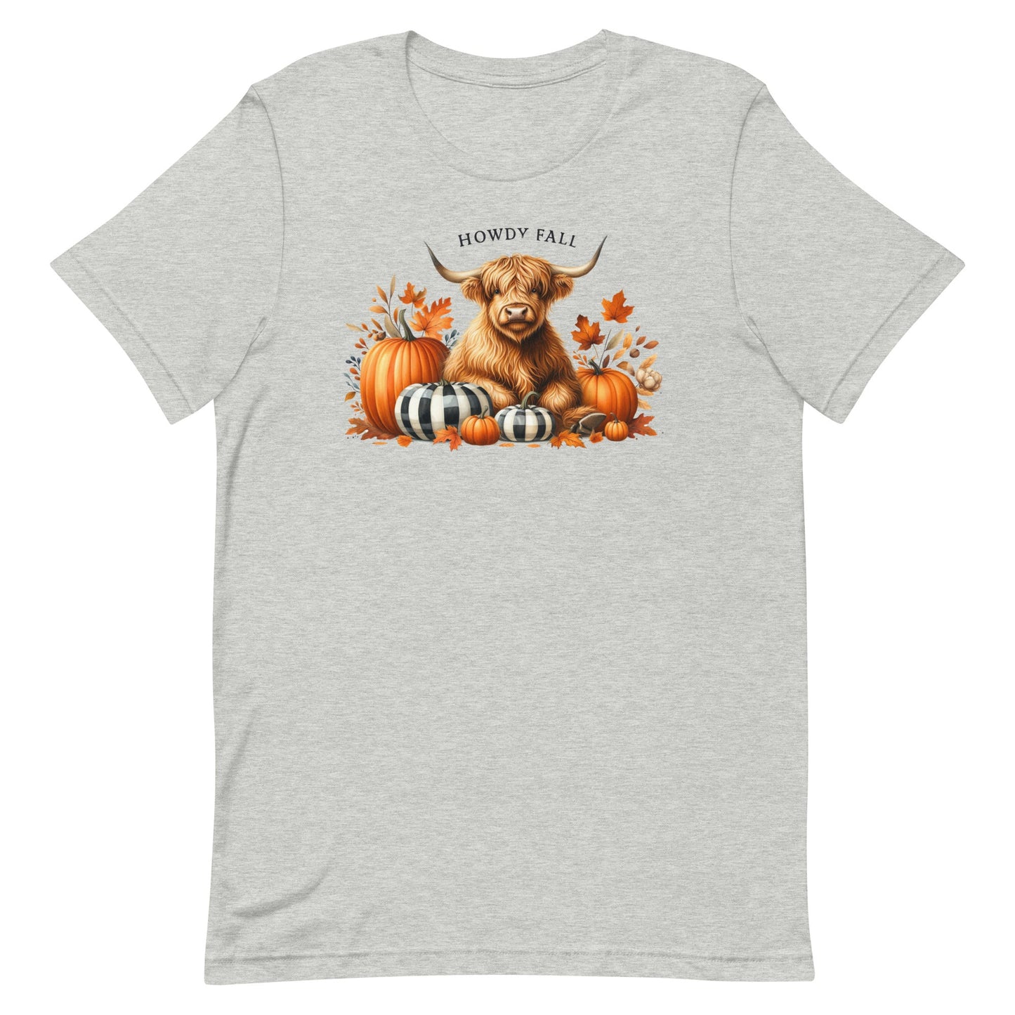 Welcome the autumn season in style with our Howdy Fall t-shirt! This charming design features a friendly Highland cow nestled among a cozy arrangement of pumpkins, leaves, and fall foliage. The warm and inviting colors perfectly capture the essence of the season, while the playful "Howdy Fall" text adds a touch of rustic charm.