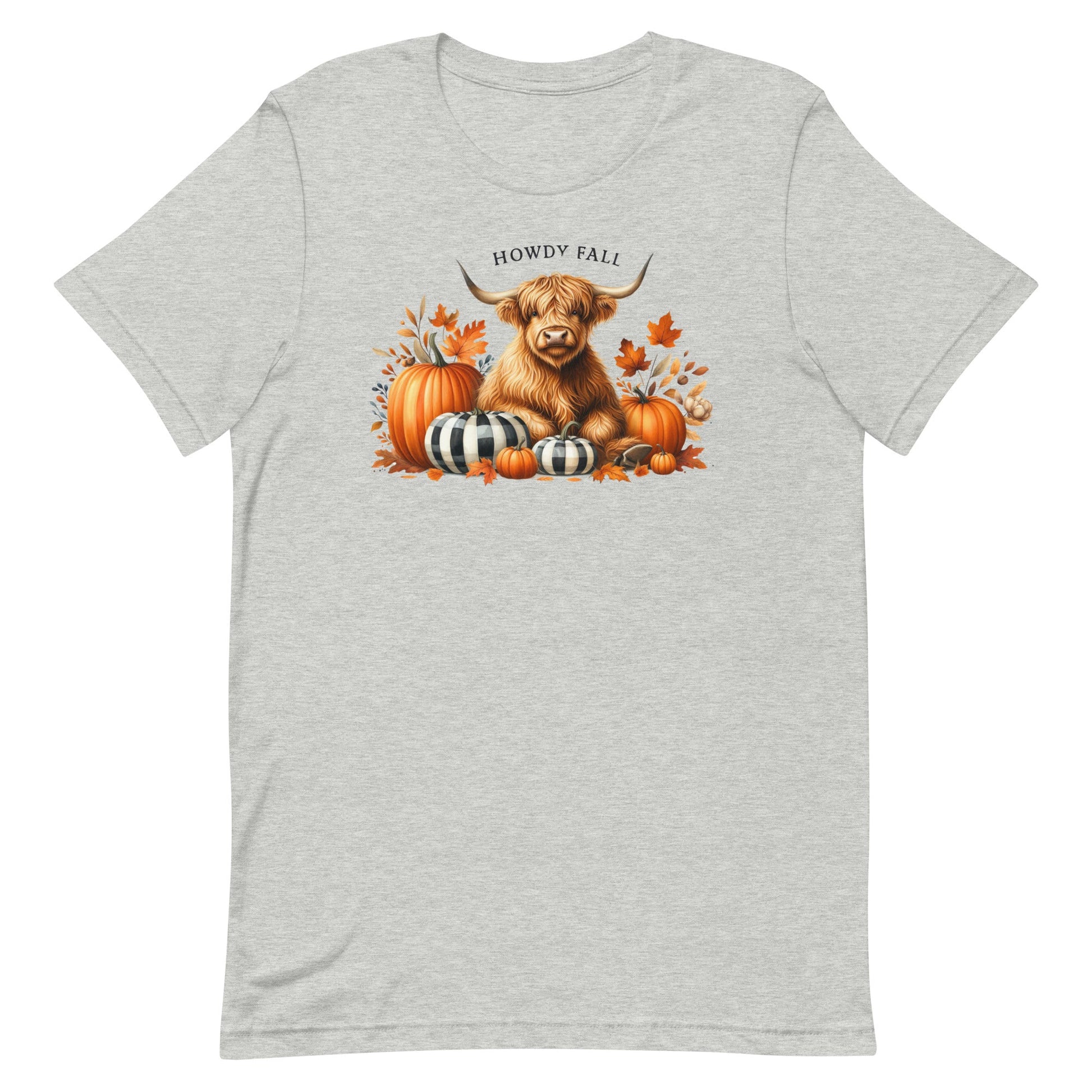 Welcome the autumn season in style with our Howdy Fall t-shirt! This charming design features a friendly Highland cow nestled among a cozy arrangement of pumpkins, leaves, and fall foliage. The warm and inviting colors perfectly capture the essence of the season, while the playful "Howdy Fall" text adds a touch of rustic charm.