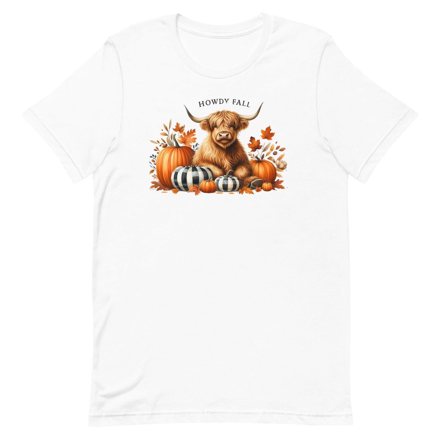 Welcome the autumn season in style with our Howdy Fall t-shirt! This charming design features a friendly Highland cow nestled among a cozy arrangement of pumpkins, leaves, and fall foliage. The warm and inviting colors perfectly capture the essence of the season, while the playful "Howdy Fall" text adds a touch of rustic charm.