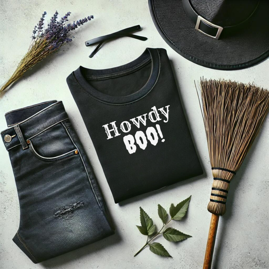 Get ready for spooky season with our Howdy Boo! t-shirt! This fun and festive design perfectly blends Western charm with Halloween spirit, featuring a playful "Howdy Boo!"