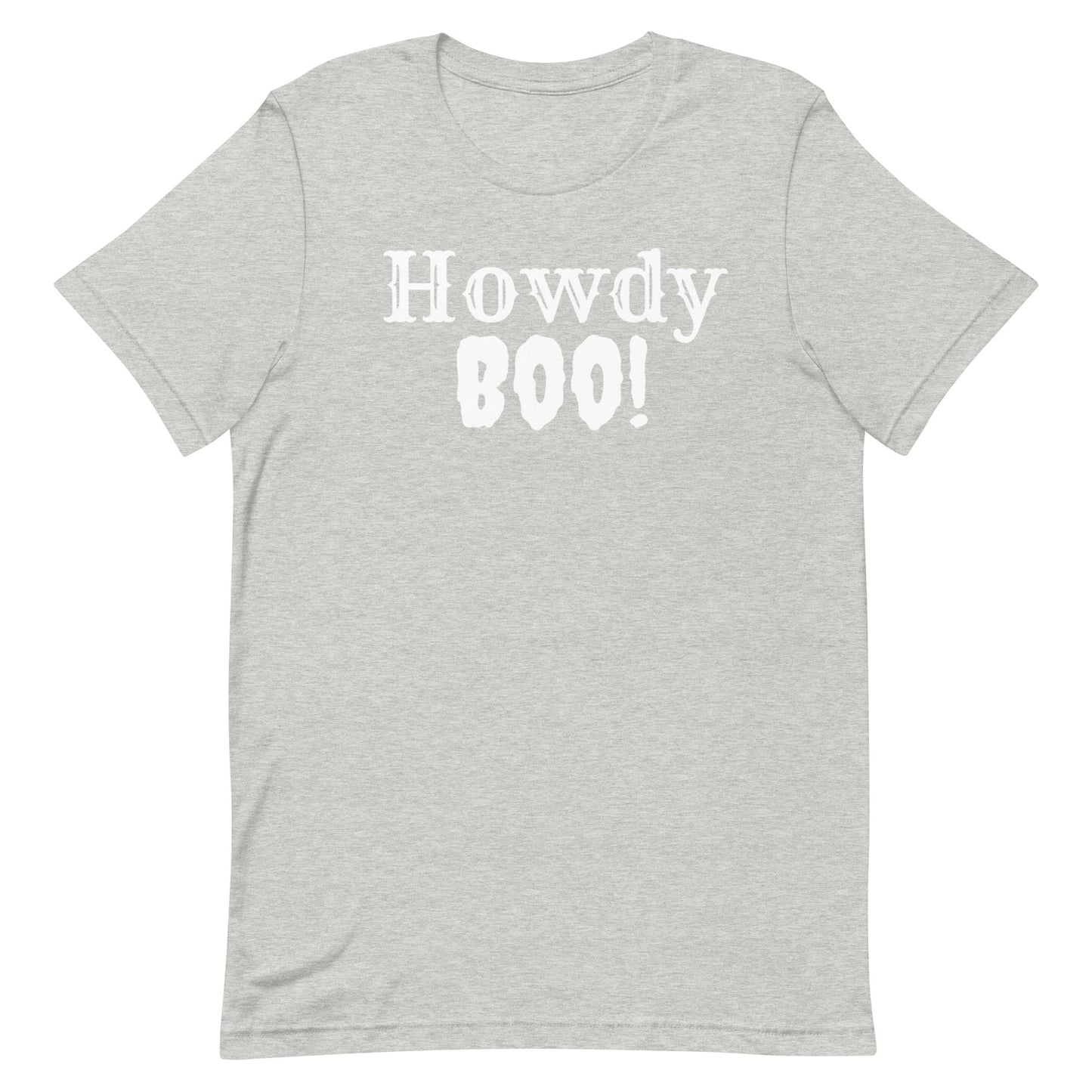 Get ready for spooky season with our Howdy Boo! t-shirt! This fun and festive design perfectly blends Western charm with Halloween spirit, featuring a playful "Howdy Boo!"