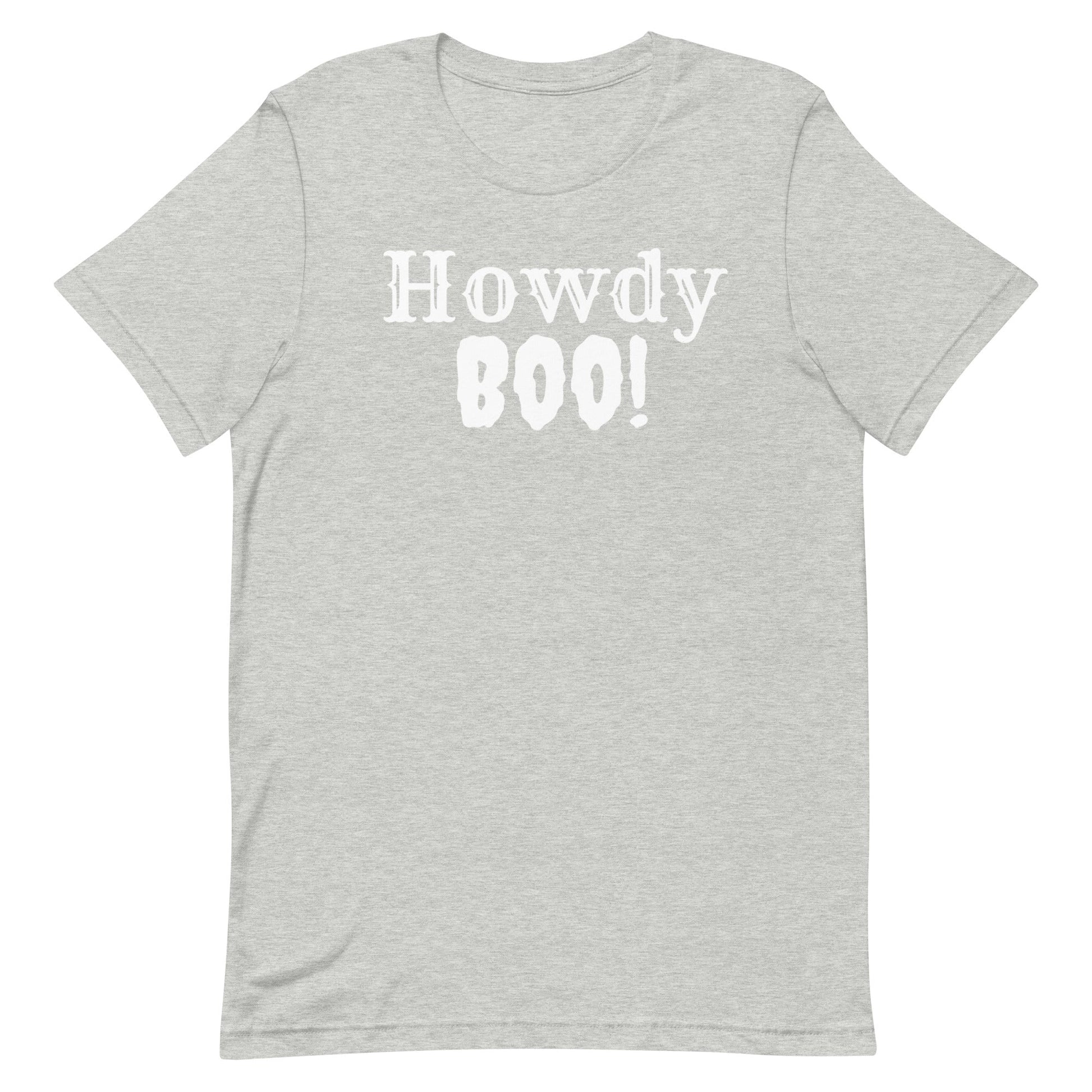 Get ready for spooky season with our Howdy Boo! t-shirt! This fun and festive design perfectly blends Western charm with Halloween spirit, featuring a playful "Howdy Boo!"