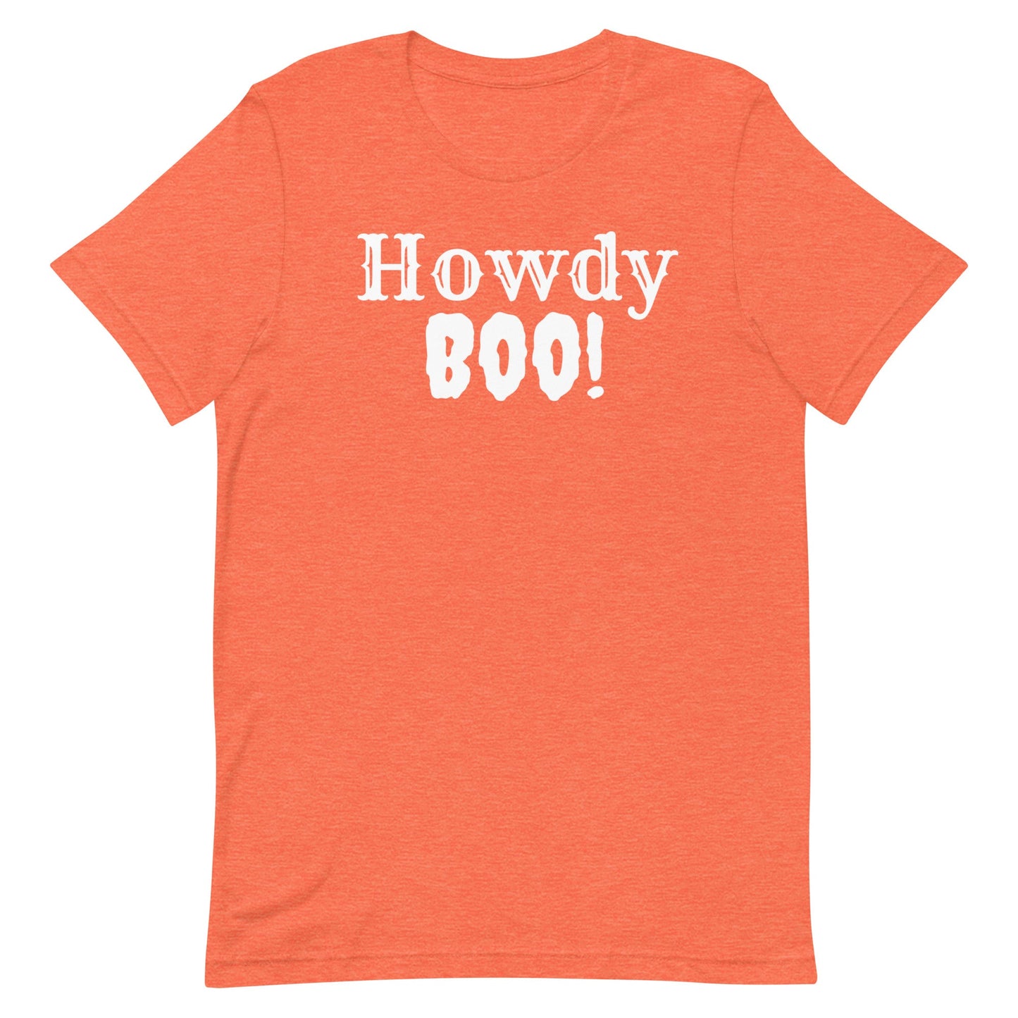 Get ready for spooky season with our Howdy Boo! t-shirt! This fun and festive design perfectly blends Western charm with Halloween spirit, featuring a playful "Howdy Boo!"