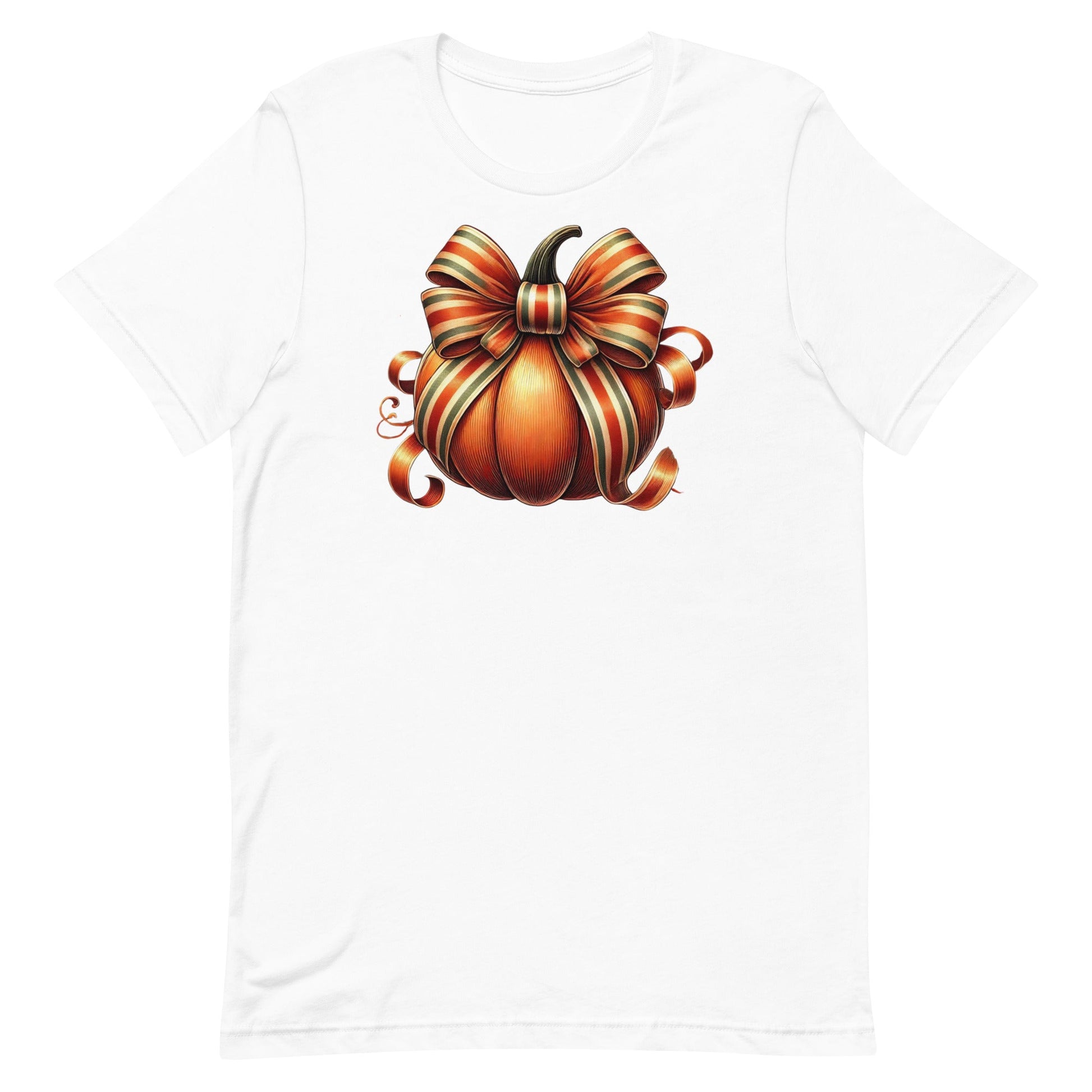 Embrace the cozy vibes of autumn with our Pumpkin Coquette t-shirt! This charming design features a beautifully detailed fall pumpkin adorned with a stylish coquette bow, showcasing soft, flowing ribbons in rich autumn tones like deep oranges, reds, and browns. The combination of rustic charm and elegant detail makes this tee the perfect addition to your fall wardrobe.