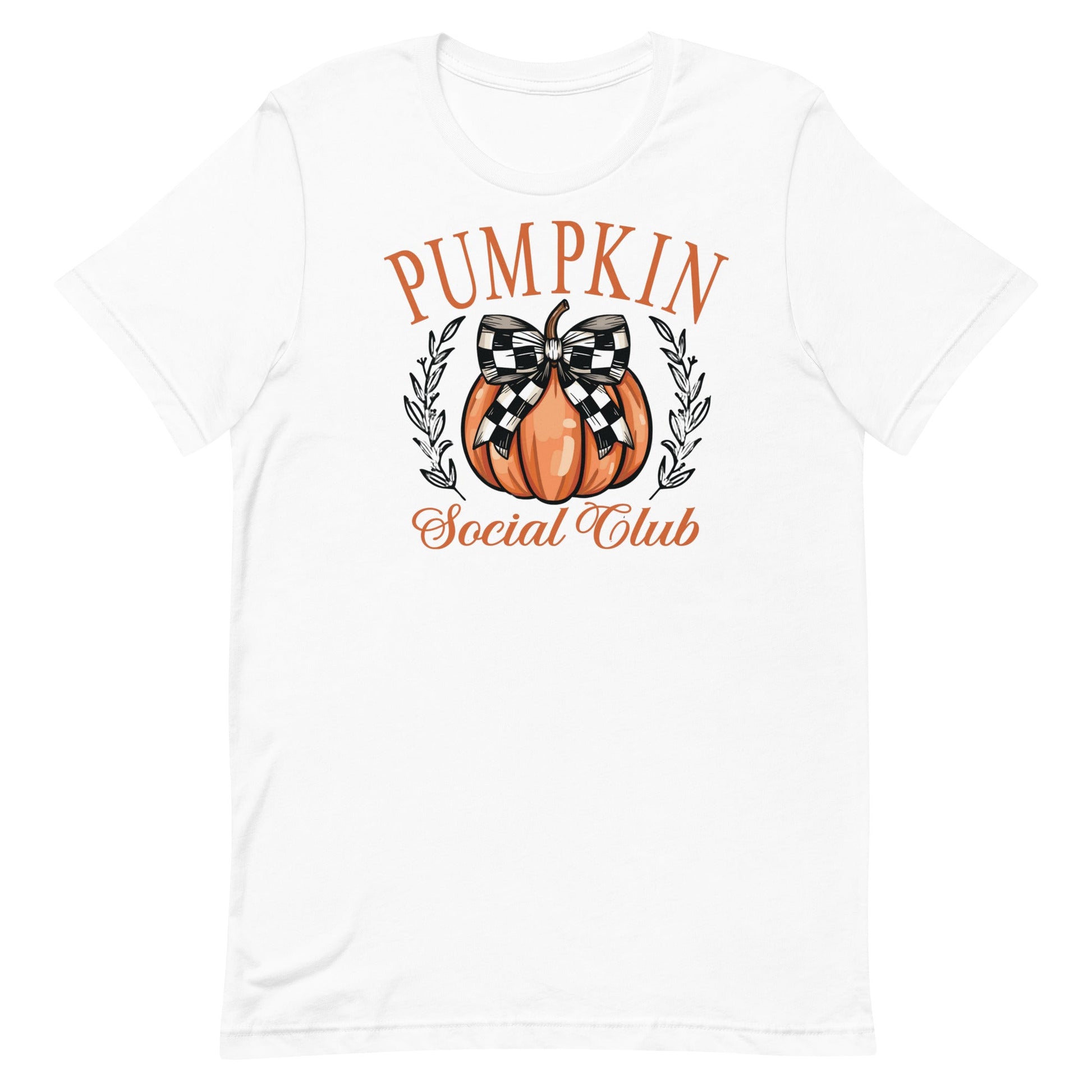 Welcome to the Pumpkin Social Club—where fall fashion meets festive fun! This delightful t-shirt features a stylish pumpkin adorned with a chic black and white checkered bow, surrounded by elegant text that reads "Pumpkin Social Club." Perfect for anyone who loves to celebrate the cozy vibes of autumn, this shirt is a must-have for pumpkin patch visits, hayrides, or just sipping on a warm pumpkin spice latte.