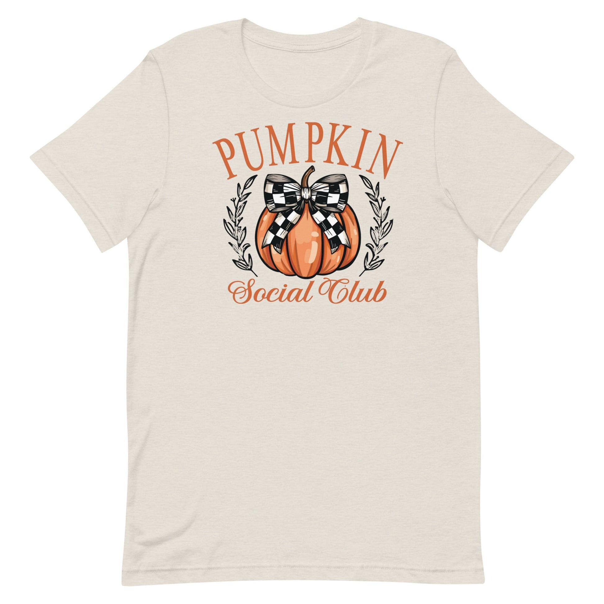 Welcome to the Pumpkin Social Club—where fall fashion meets festive fun! This delightful t-shirt features a stylish pumpkin adorned with a chic black and white checkered bow, surrounded by elegant text that reads "Pumpkin Social Club." Perfect for anyone who loves to celebrate the cozy vibes of autumn, this shirt is a must-have for pumpkin patch visits, hayrides, or just sipping on a warm pumpkin spice latte.