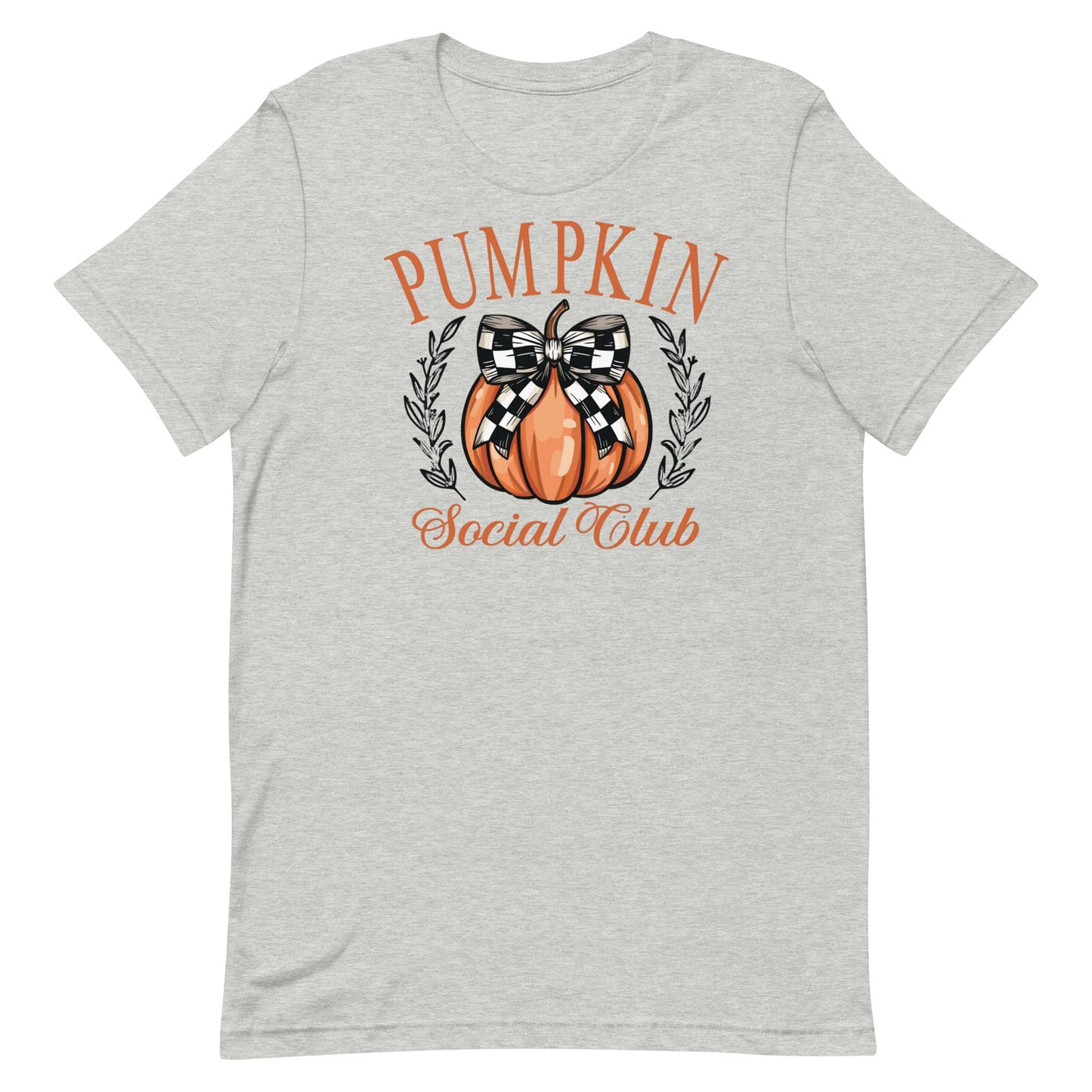 Welcome to the Pumpkin Social Club—where fall fashion meets festive fun! This delightful t-shirt features a stylish pumpkin adorned with a chic black and white checkered bow, surrounded by elegant text that reads "Pumpkin Social Club." Perfect for anyone who loves to celebrate the cozy vibes of autumn, this shirt is a must-have for pumpkin patch visits, hayrides, or just sipping on a warm pumpkin spice latte.