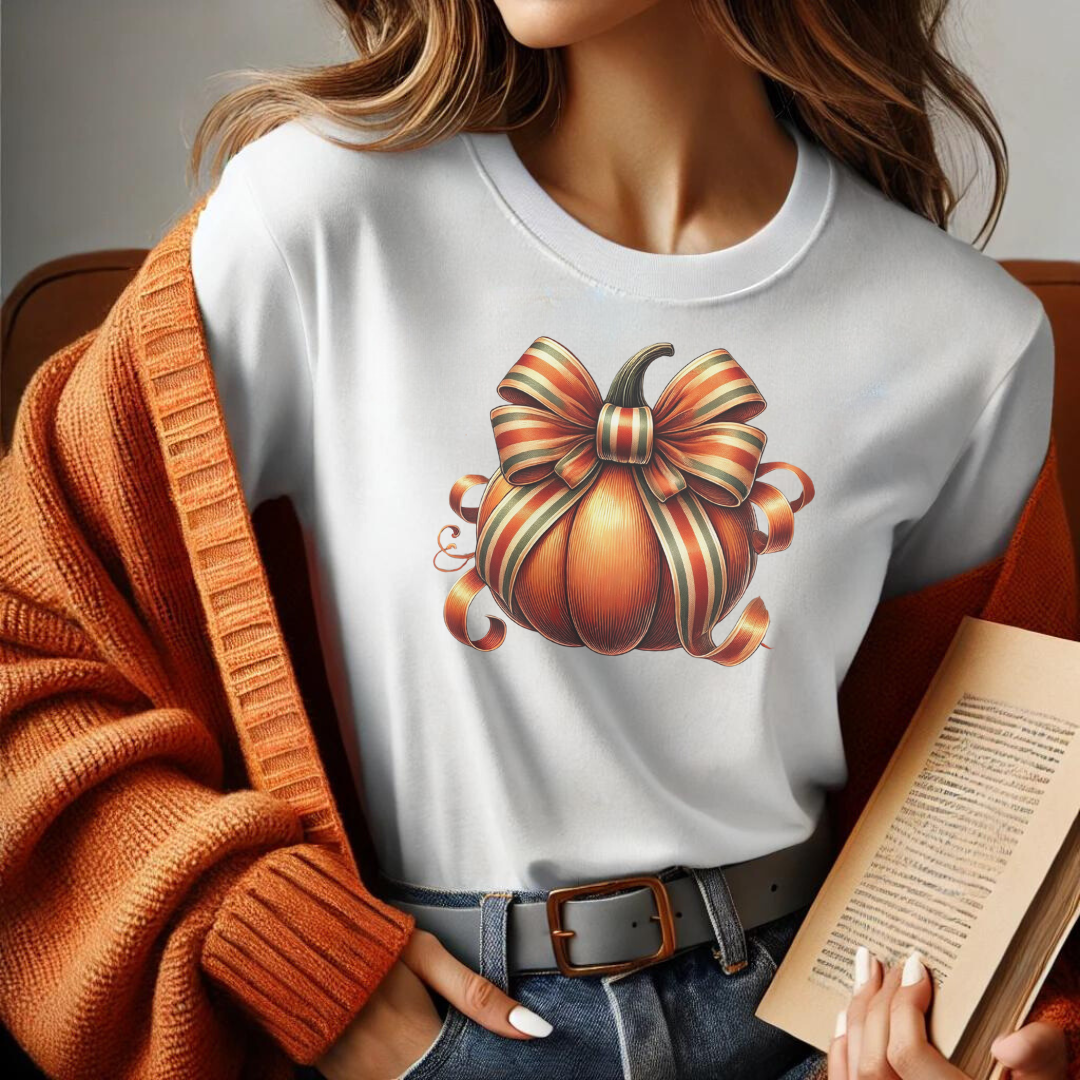 Embrace the cozy vibes of autumn with our Pumpkin Coquette t-shirt! This charming design features a beautifully detailed fall pumpkin adorned with a stylish coquette bow, showcasing soft, flowing ribbons in rich autumn tones like deep oranges, reds, and browns. The combination of rustic charm and elegant detail makes this tee the perfect addition to your fall wardrobe.