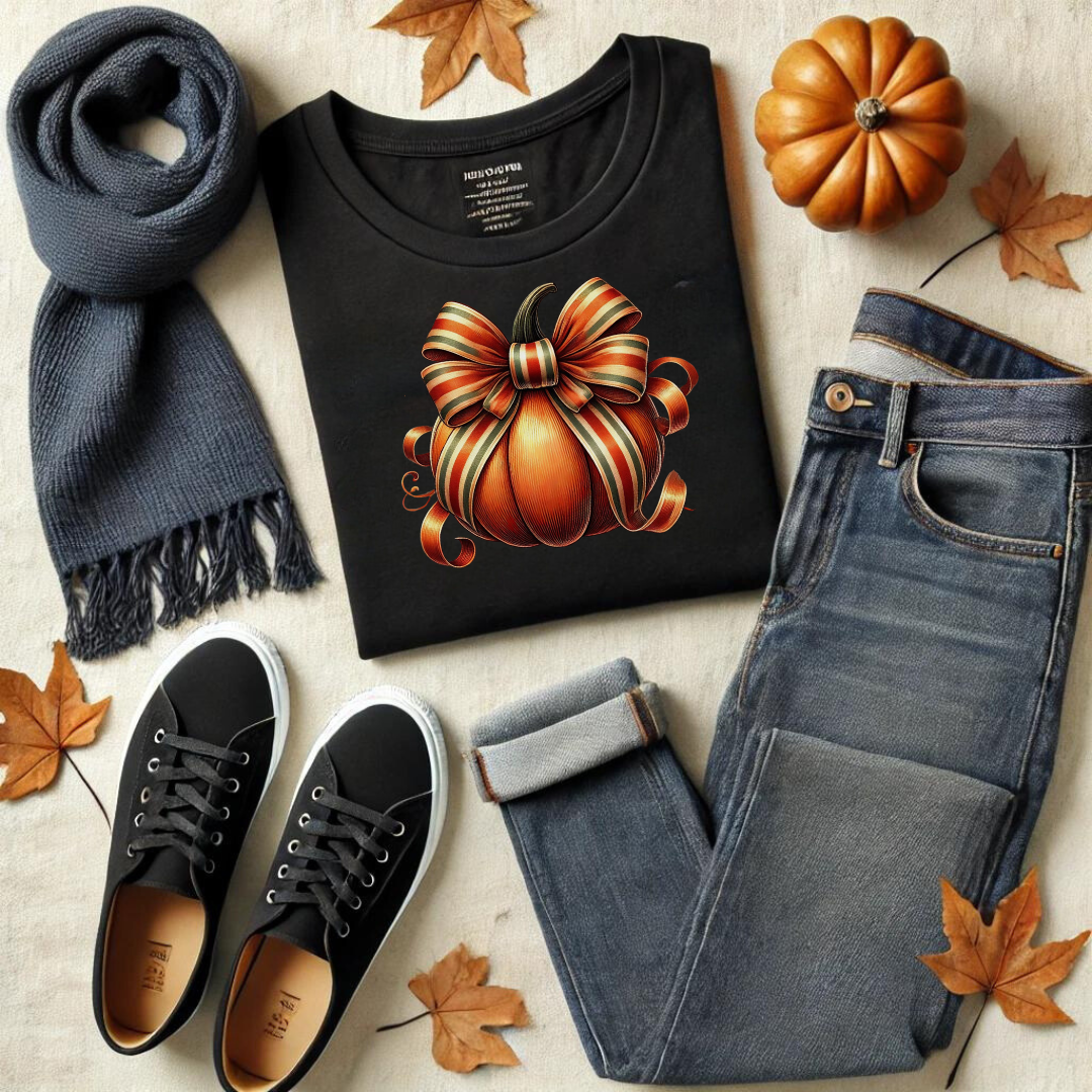 Embrace the cozy vibes of autumn with our Pumpkin Coquette t-shirt! This charming design features a beautifully detailed fall pumpkin adorned with a stylish coquette bow, showcasing soft, flowing ribbons in rich autumn tones like deep oranges, reds, and browns. The combination of rustic charm and elegant detail makes this tee the perfect addition to your fall wardrobe.