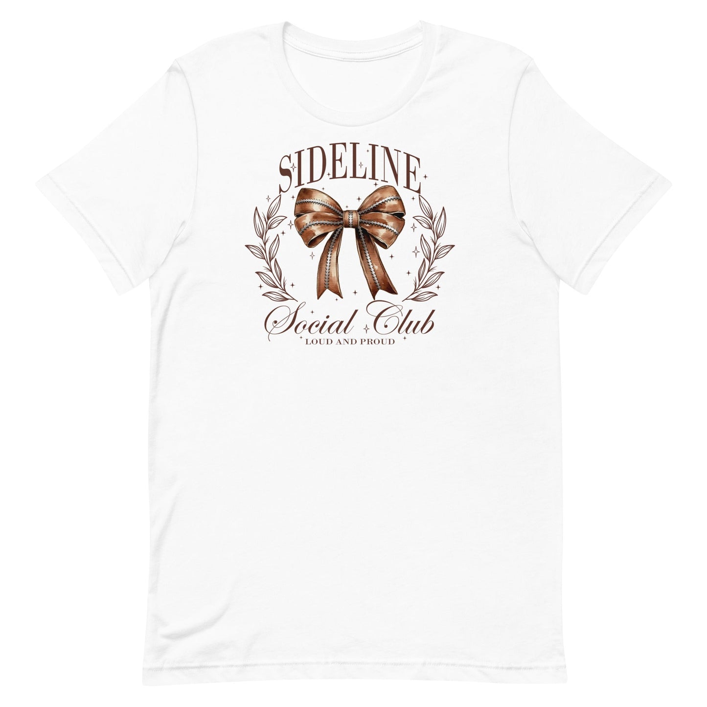 Step up your game day style with our Sideline Social Club t-shirt! This fashionable tee features a bold football-themed bow at its center, surrounded by the empowering text "Sideline Social Club" and "Loud and Proud." Perfect for those who support their team with passion and flair, this shirt is designed for the ultimate fan who loves to cheer from the sidelines in style.