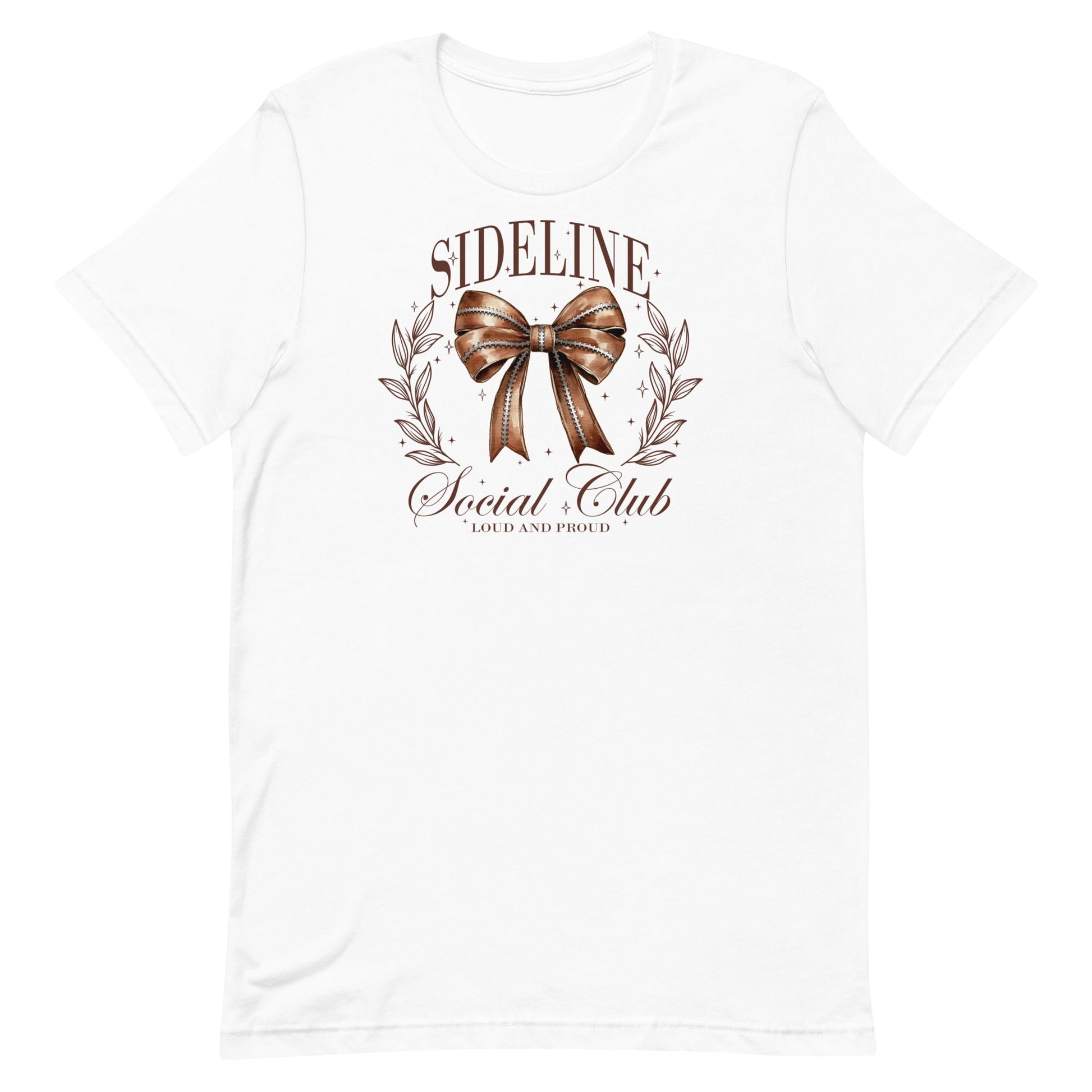 Step up your game day style with our Sideline Social Club t-shirt! This fashionable tee features a bold football-themed bow at its center, surrounded by the empowering text "Sideline Social Club" and "Loud and Proud." Perfect for those who support their team with passion and flair, this shirt is designed for the ultimate fan who loves to cheer from the sidelines in style.