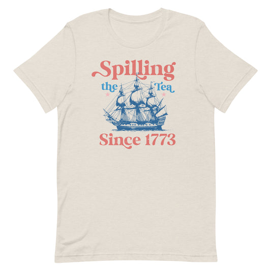 Dive into history with flair in our "Spilling the Tea Since 1773" T-shirt, inspired by the iconic Boston Tea Party. Perfect for history buffs and patriots alike, this stylish tee features a classic ship illustration with a playful twist on a pivotal moment in American history.