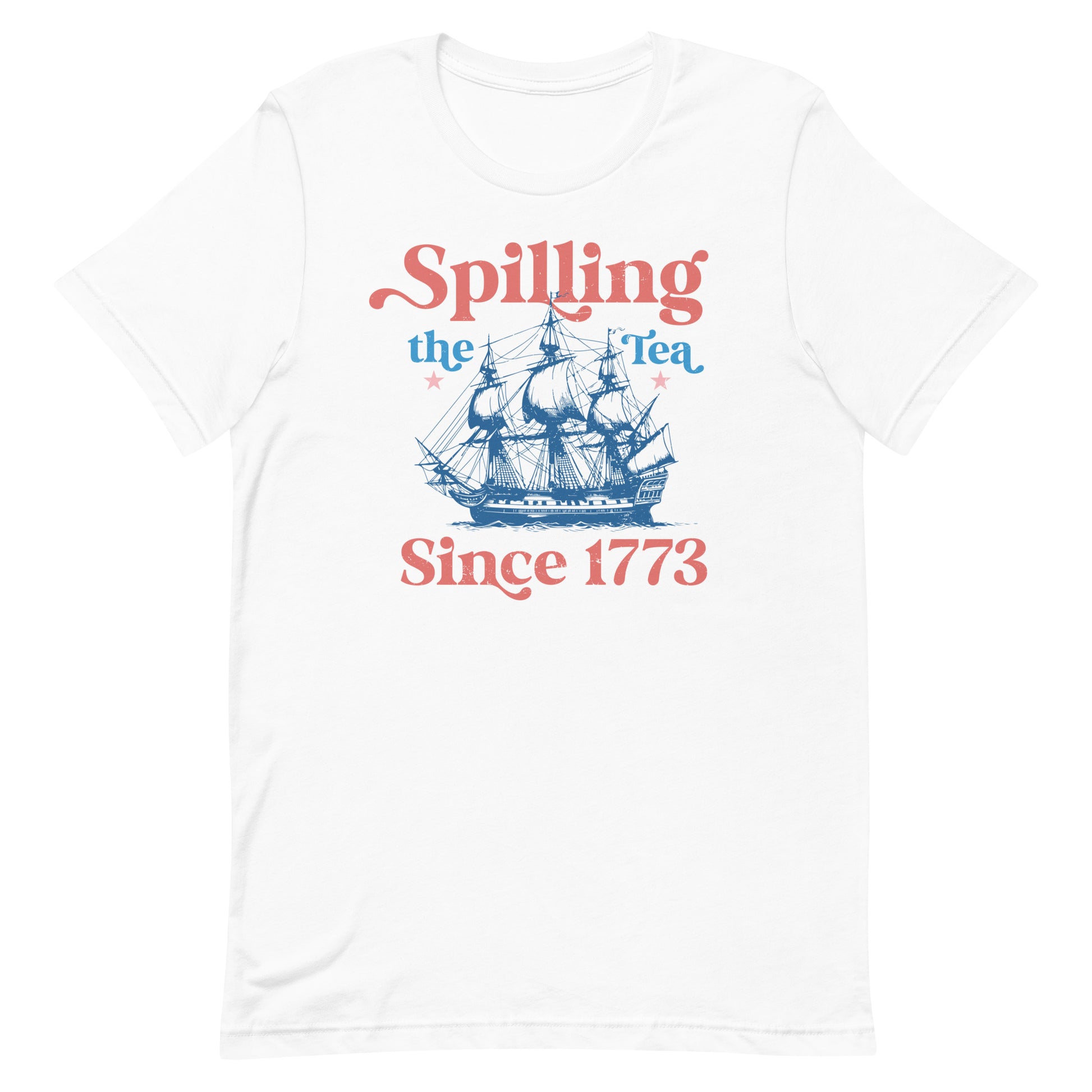 Dive into history with flair in our "Spilling the Tea Since 1773" T-shirt, inspired by the iconic Boston Tea Party. Perfect for history buffs and patriots alike, this stylish tee features a classic ship illustration with a playful twist on a pivotal moment in American history.