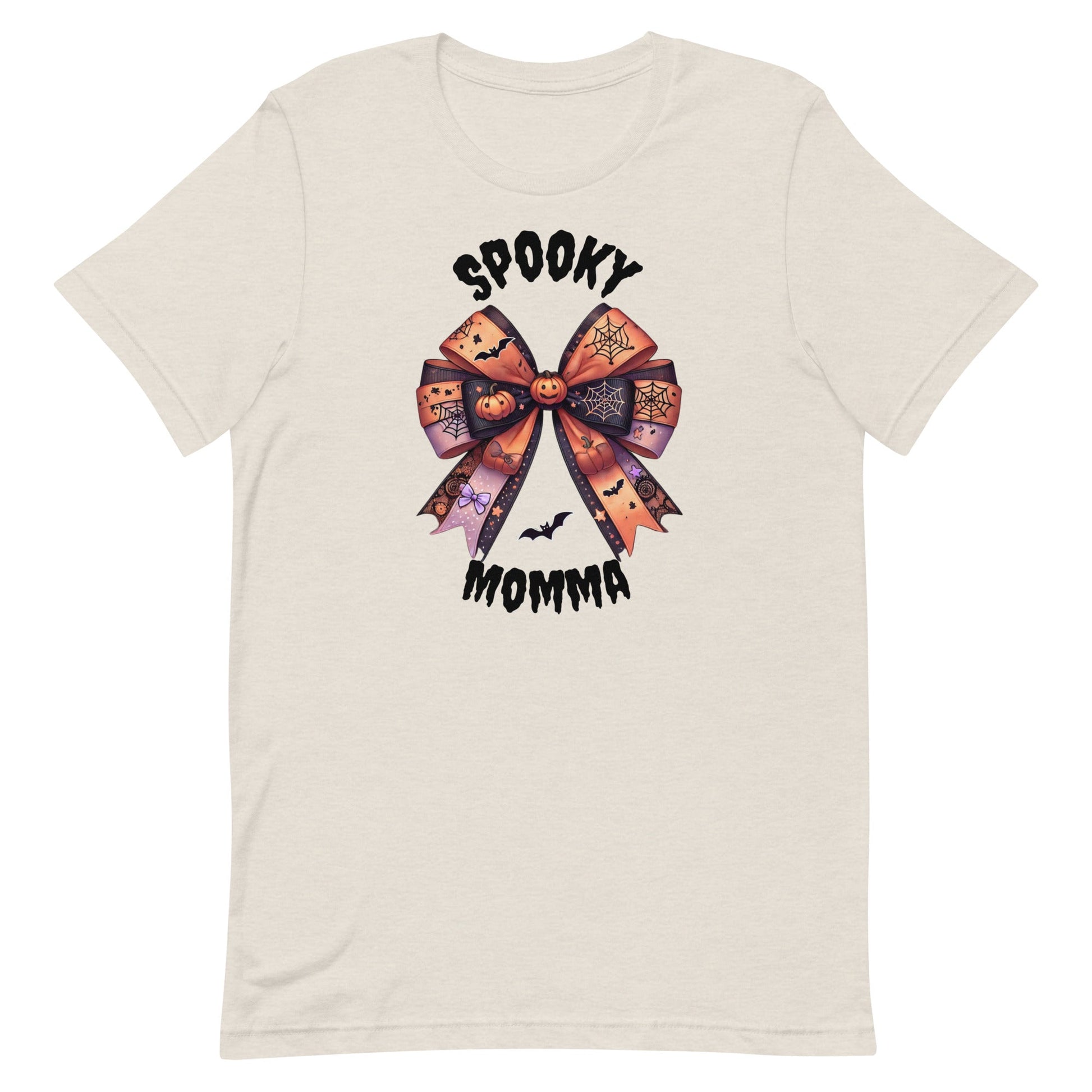 Embrace the spooky season in style with our Spooky Momma t-shirt! This unique design features a charming Halloween coquette bow adorned with pumpkins, bats, and spider webs, capturing the perfect blend of cute and creepy. The "Spooky Momma" text adds a fun, festive touch, making this shirt a must-have for any Halloween-loving mom.