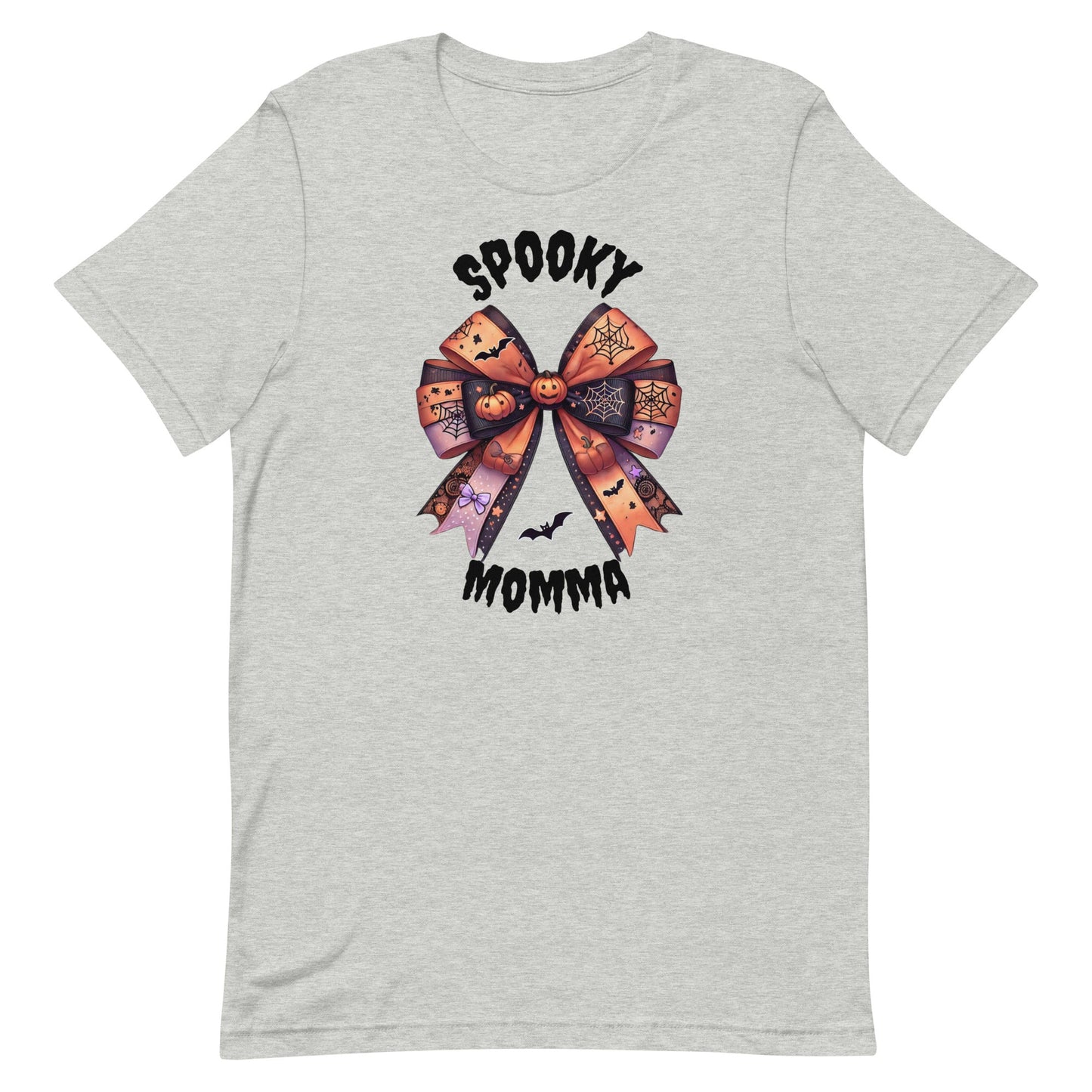 Embrace the spooky season in style with our Spooky Momma t-shirt! This unique design features a charming Halloween coquette bow adorned with pumpkins, bats, and spider webs, capturing the perfect blend of cute and creepy. The "Spooky Momma" text adds a fun, festive touch, making this shirt a must-have for any Halloween-loving mom.