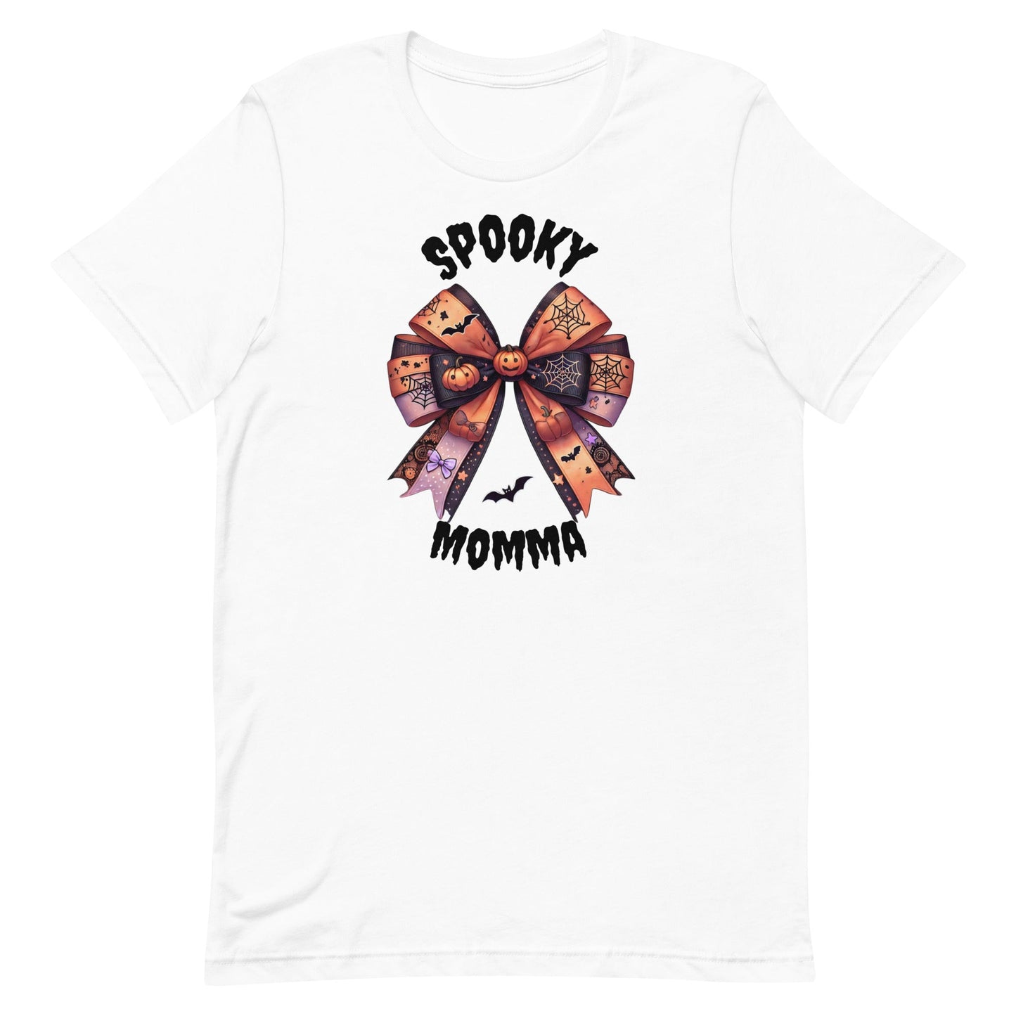 Embrace the spooky season in style with our Spooky Momma t-shirt! This unique design features a charming Halloween coquette bow adorned with pumpkins, bats, and spider webs, capturing the perfect blend of cute and creepy. The "Spooky Momma" text adds a fun, festive touch, making this shirt a must-have for any Halloween-loving mom.