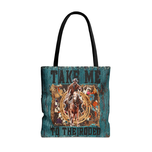 Gear up for the ultimate western adventure with our 'Take Me to the Rodeo' tote bag. Crafted with durability and style in mind, this spacious bag is perfect for carrying all your essentials while showcasing your love for the rodeo lifestyle. 