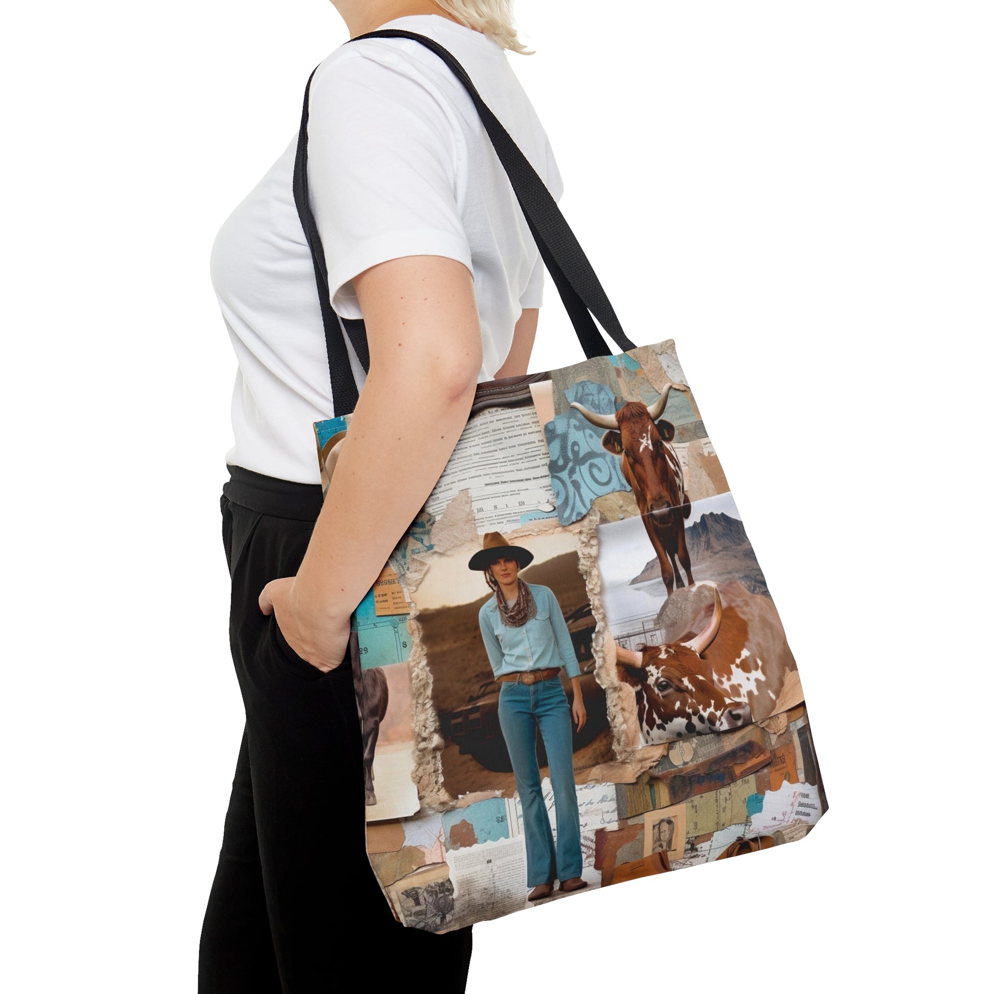 Transport yourself to the bygone era of the Wild West with our Western Collage tote bag. Adorned with a captivating collage of old photos capturing the rugged charm and adventurous spirit of the frontier days, this tote is a true homage to Western heritage.