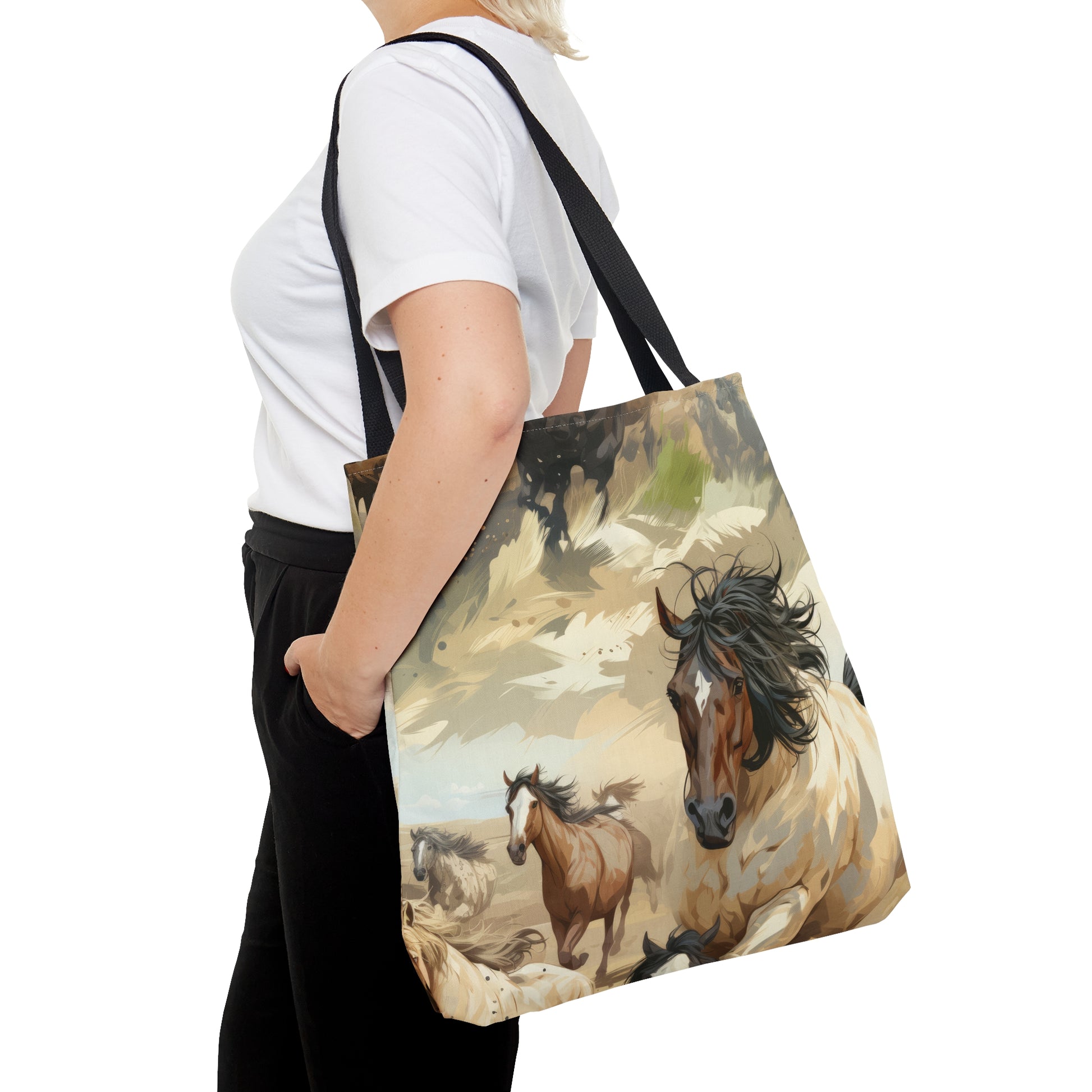 Embrace the Spirit of Freedom with Our Wild Mustang Tote Bag - Introducing our Wild Mustang canvas bag that captures the untamed spirit and majestic beauty of wild horses galloping. Whether you're a nature enthusiast, a horse lover, or someone who appreciates the untamed beauty of the world this tote is your statement piece.&nbsp;